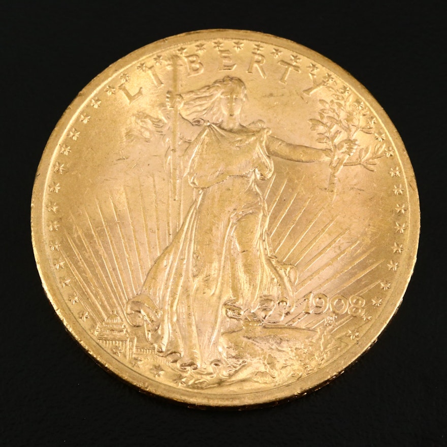 1908 Saint-Gaudens $20 Gold Double Eagle, No Motto