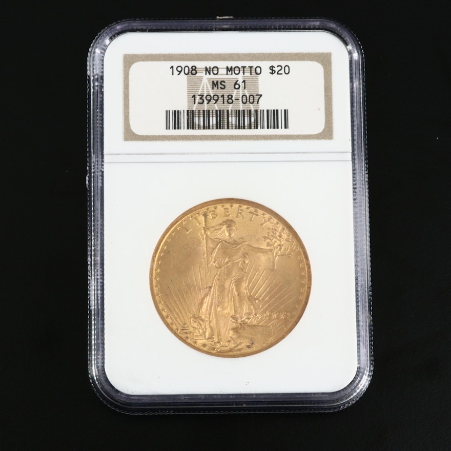 NGC Graded MS61 1908 Saint-Gaudens $20 Gold Double Eagle, No Motto