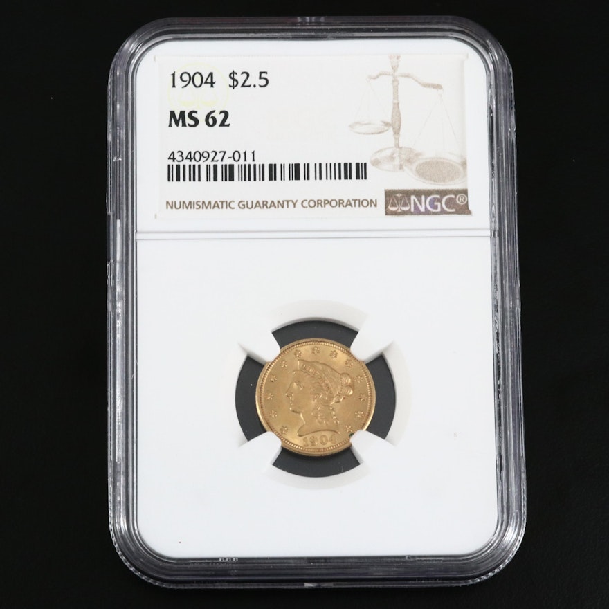 NGC Graded MS62 Low Mintage 1904 Liberty Head $2.50 Gold Quarter Eagle