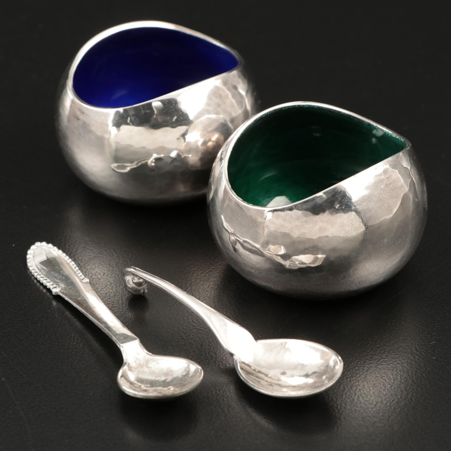 Georg Jensen Hammered Sterling and Enamel Salt Cellars with Spoons