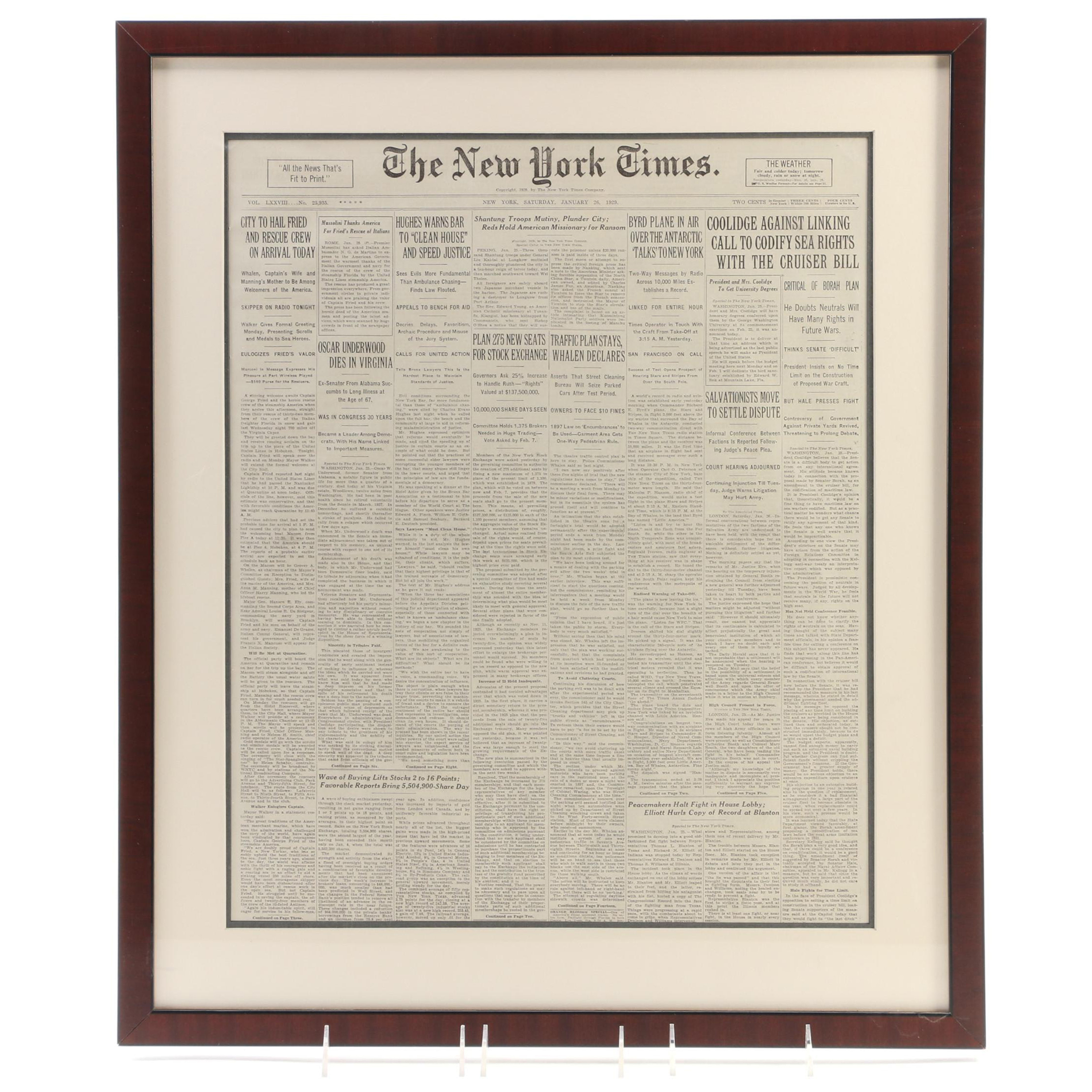 "The New York Times" Newspaper Volume LXXVIII/No. 25,935, January 26, 1929