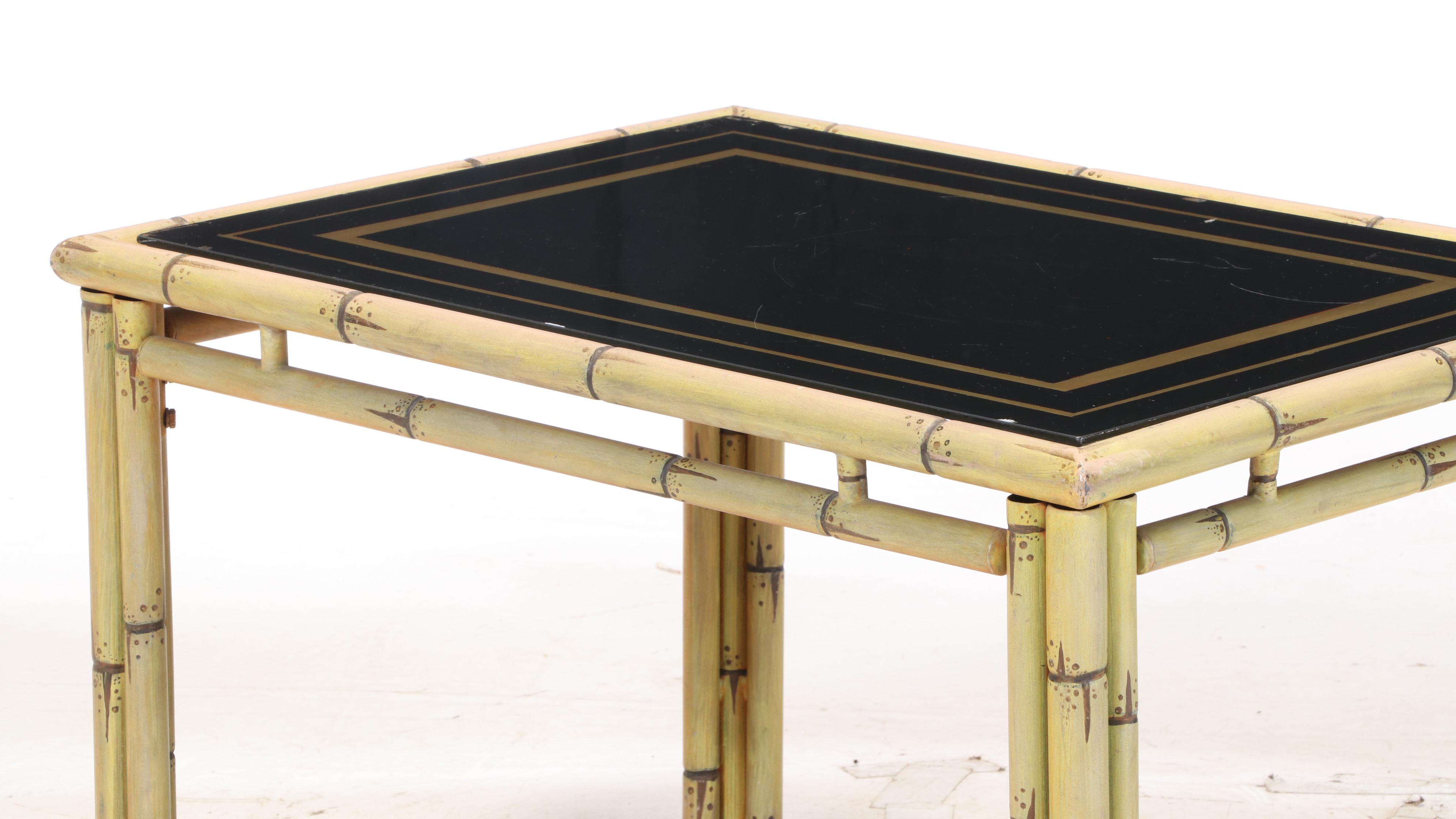 Metal Faux-Bamboo Side Table with Reverse-Painted Glass Top, 20th Century