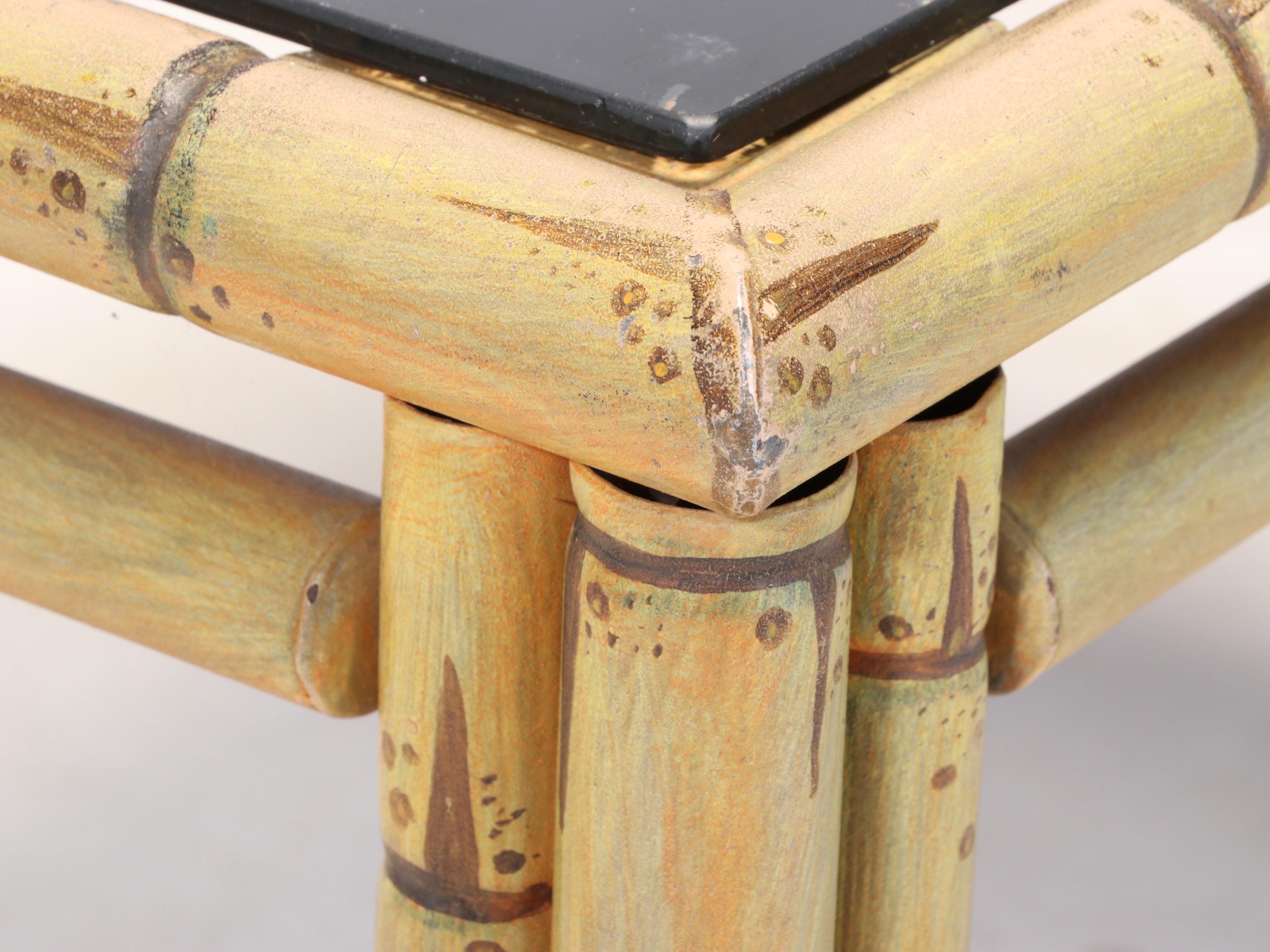 Metal Faux-Bamboo Side Table with Reverse-Painted Glass Top, 20th Century