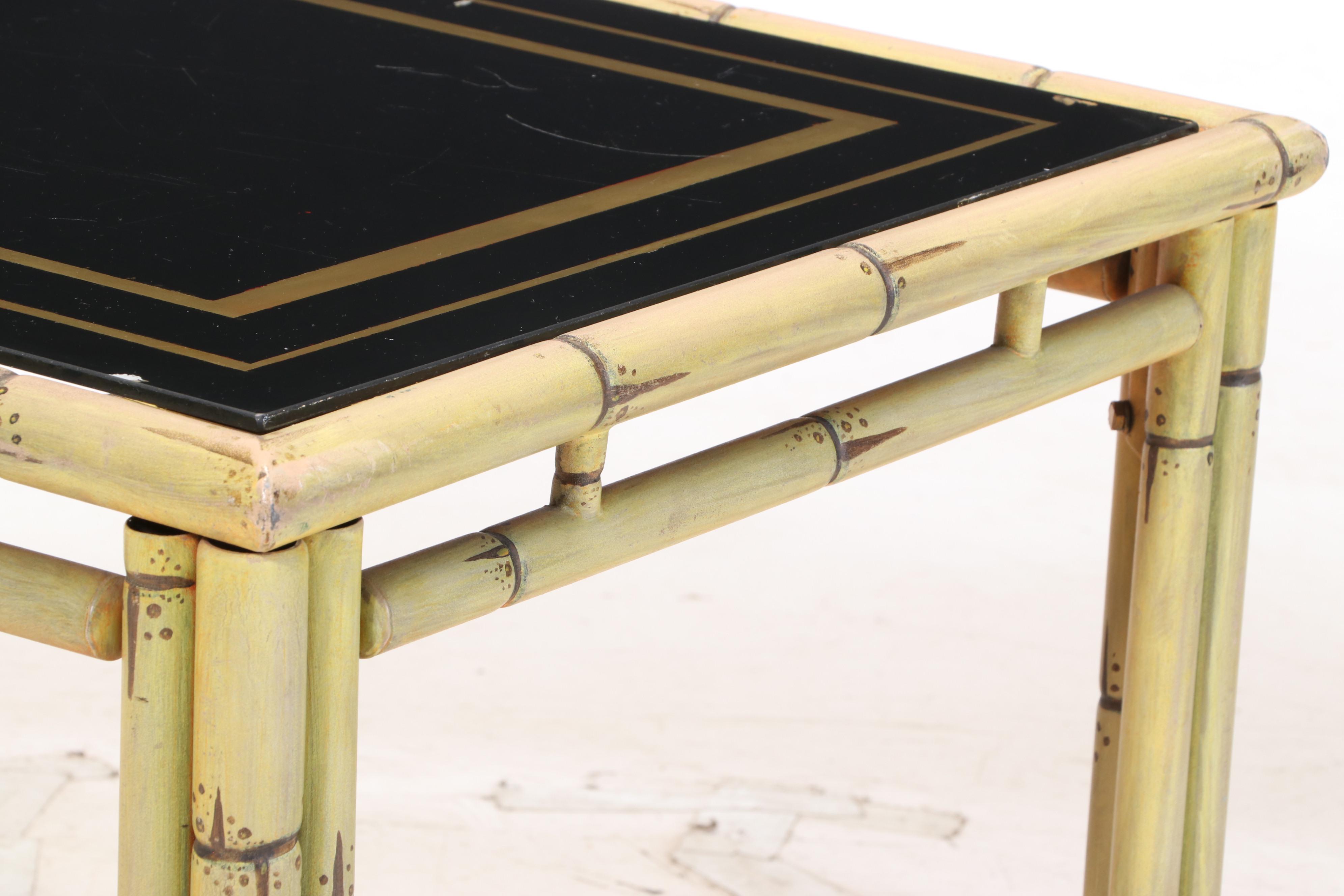 Metal Faux-Bamboo Side Table with Reverse-Painted Glass Top, 20th Century