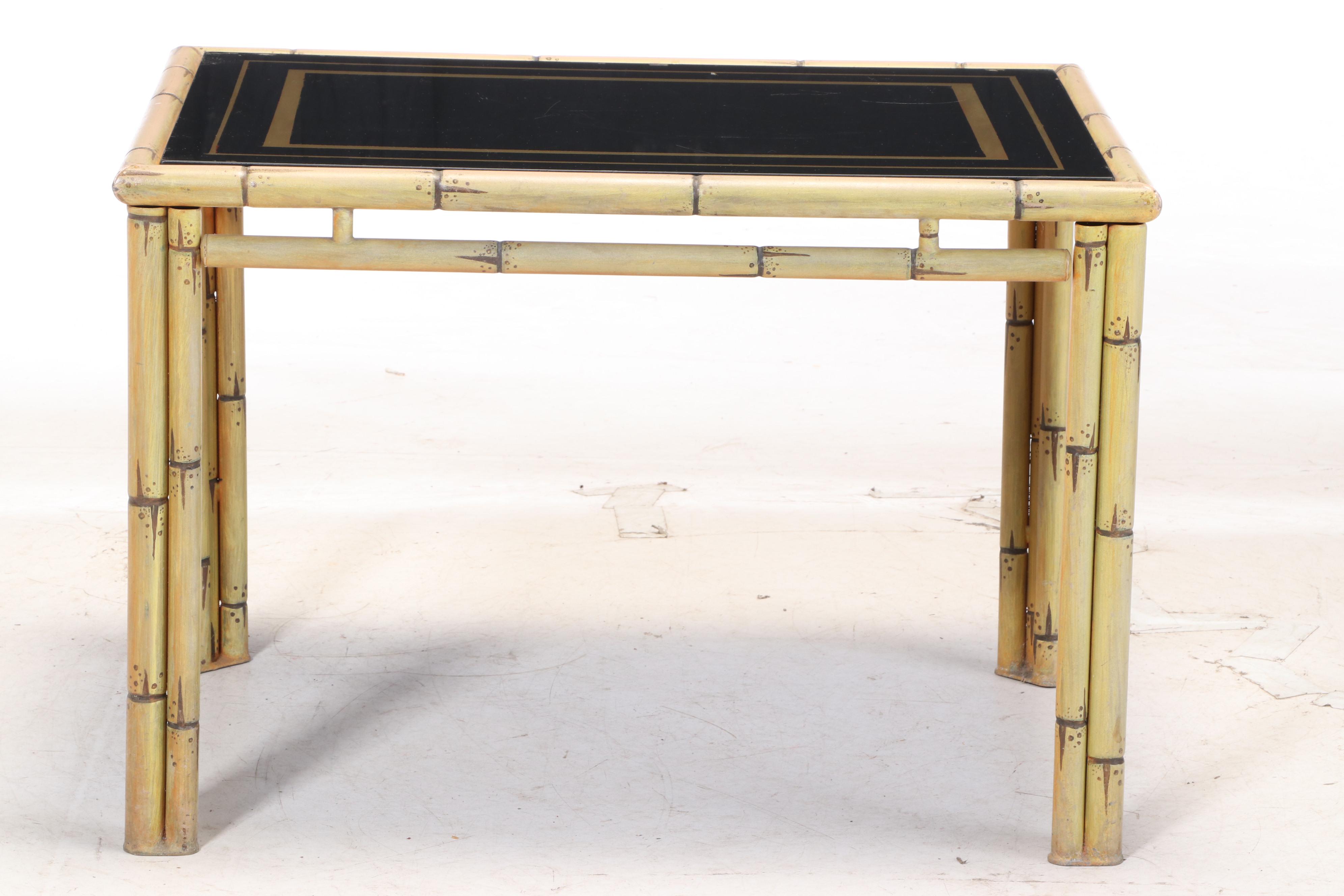 Metal Faux-Bamboo Side Table with Reverse-Painted Glass Top, 20th Century