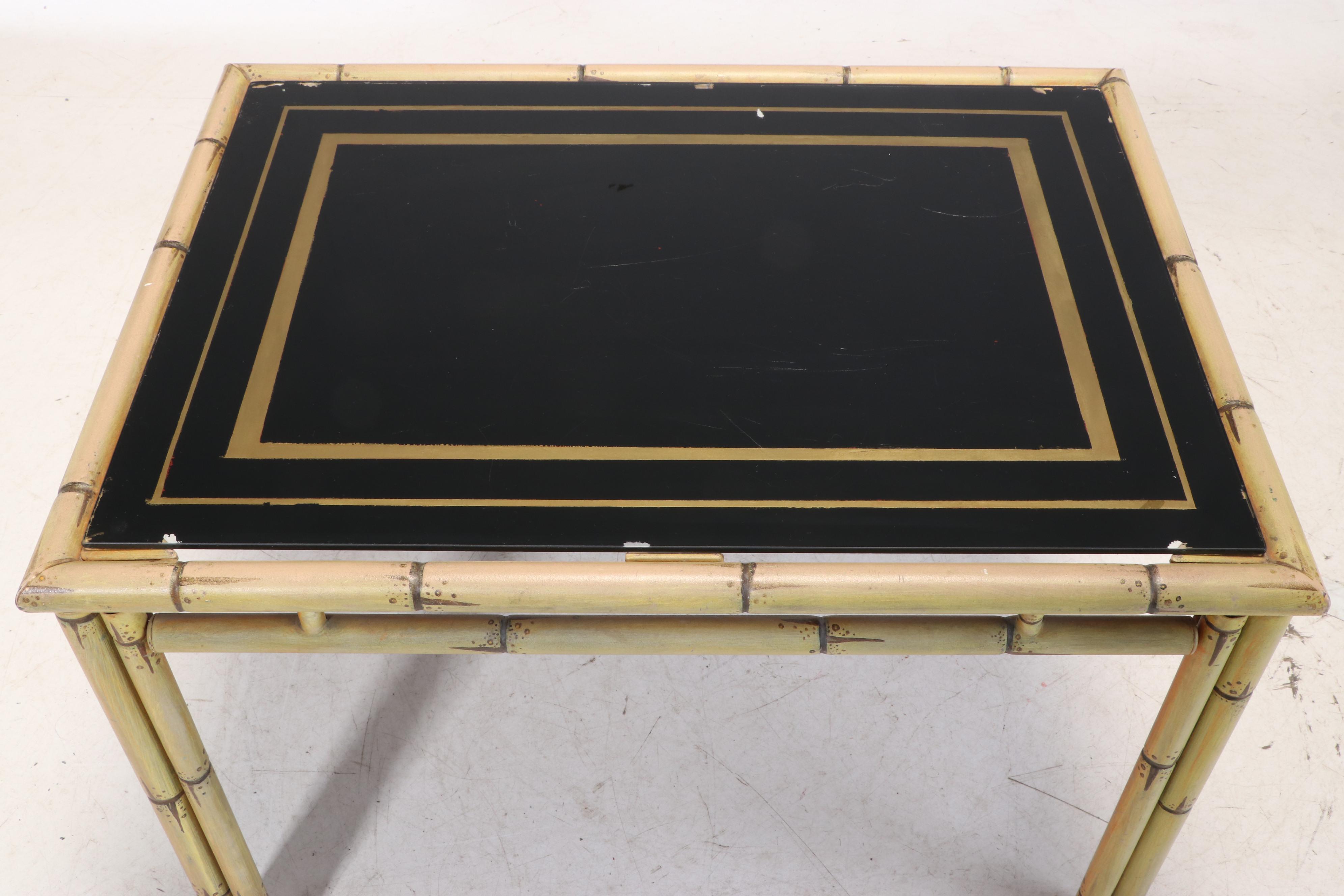 Metal Faux-Bamboo Side Table with Reverse-Painted Glass Top, 20th Century