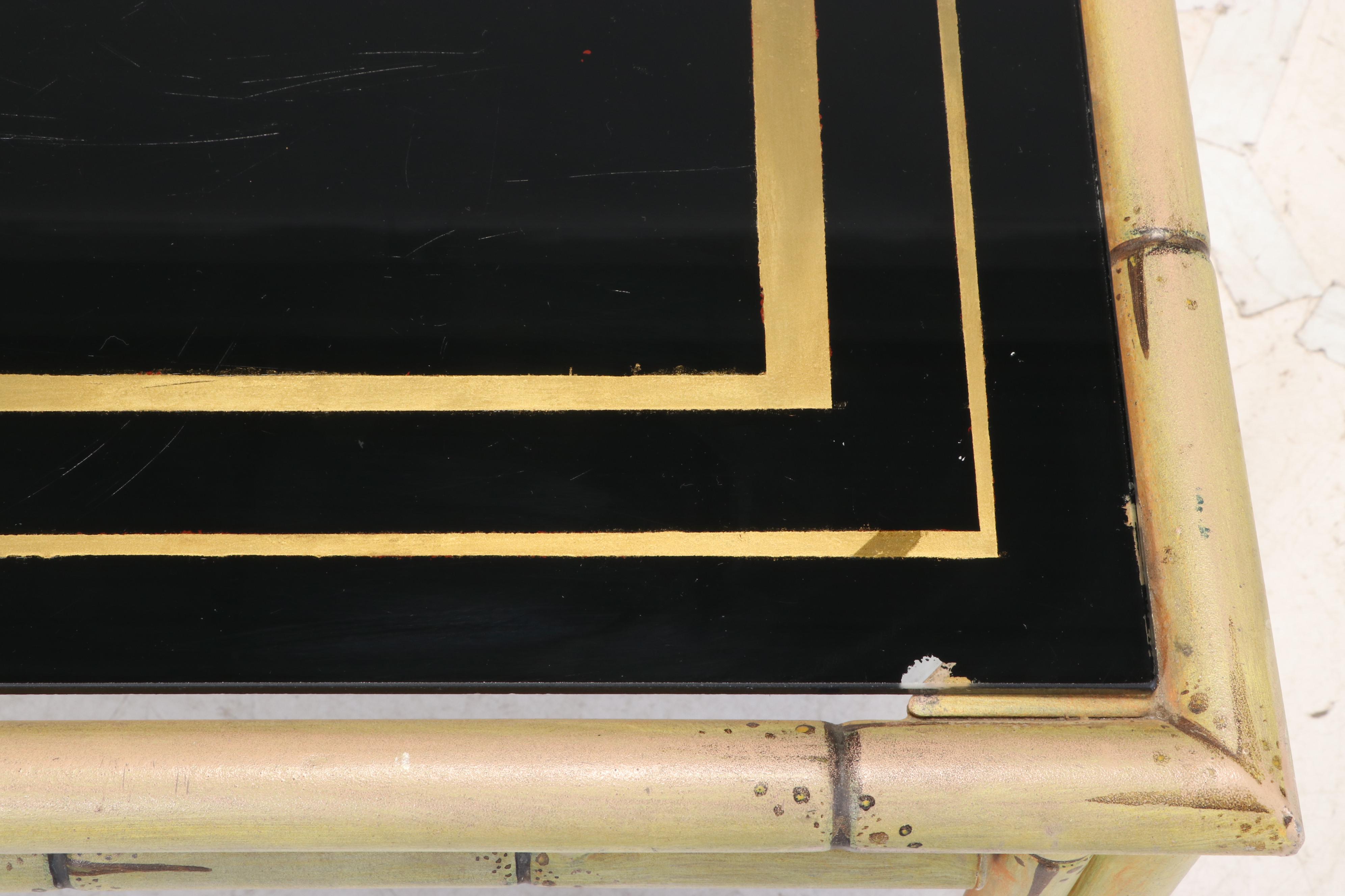 Metal Faux-Bamboo Side Table with Reverse-Painted Glass Top, 20th Century