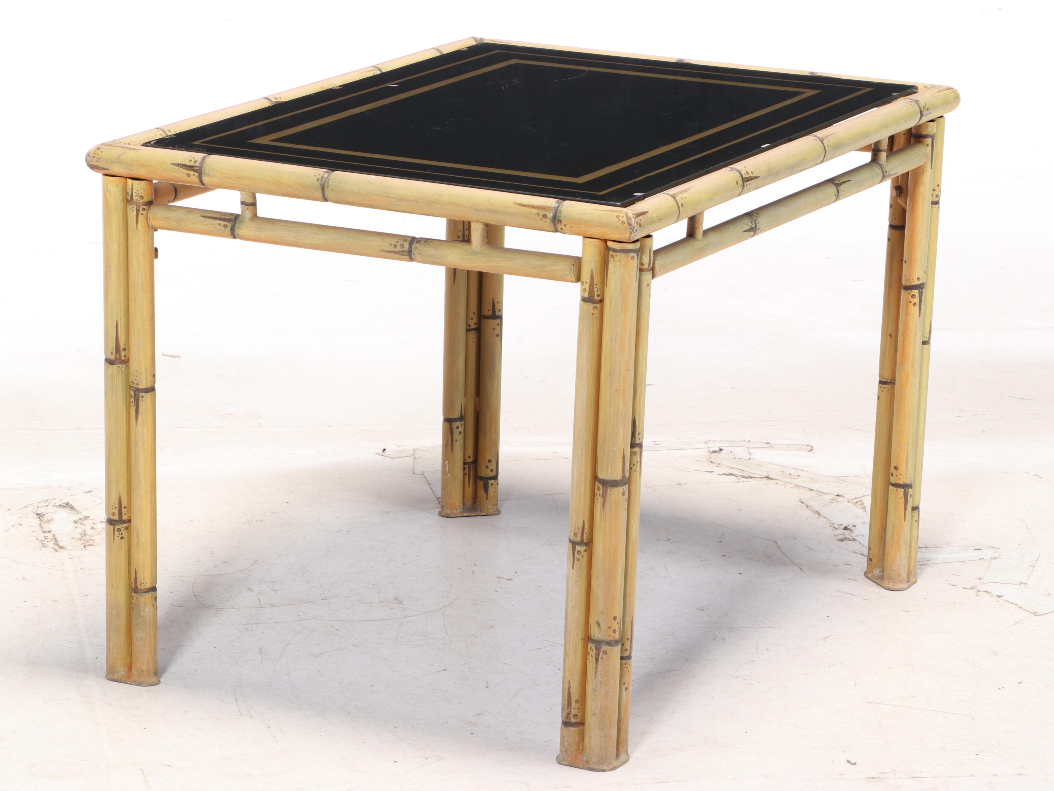 Metal Faux-Bamboo Side Table with Reverse-Painted Glass Top, 20th Century