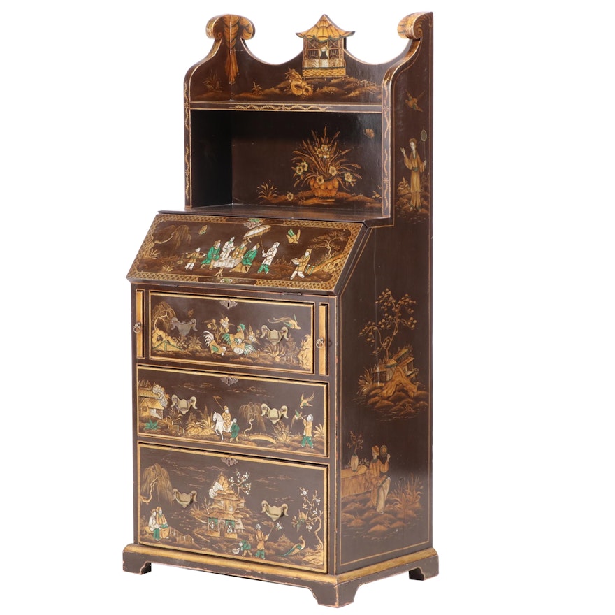 Victorian Chinoiserie-Decorated Walnut Bureau Bookcase, Second Half 19th Century