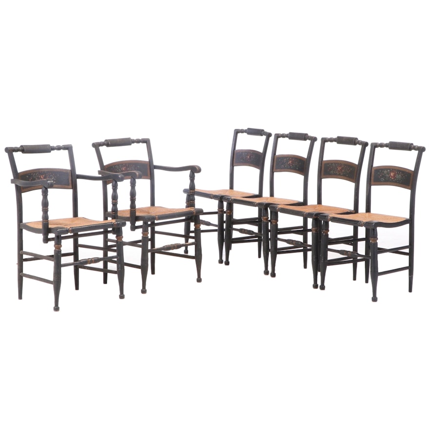 Six American Ebonized, Parcel-Gilt, and Polychromed "Fancy" Dining Chairs