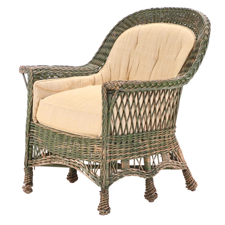 Green-Painted Wicker Armchair, 20th Century