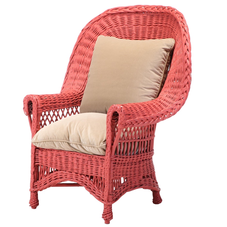 Coral-Painted Wicker Armchair, 20th Century