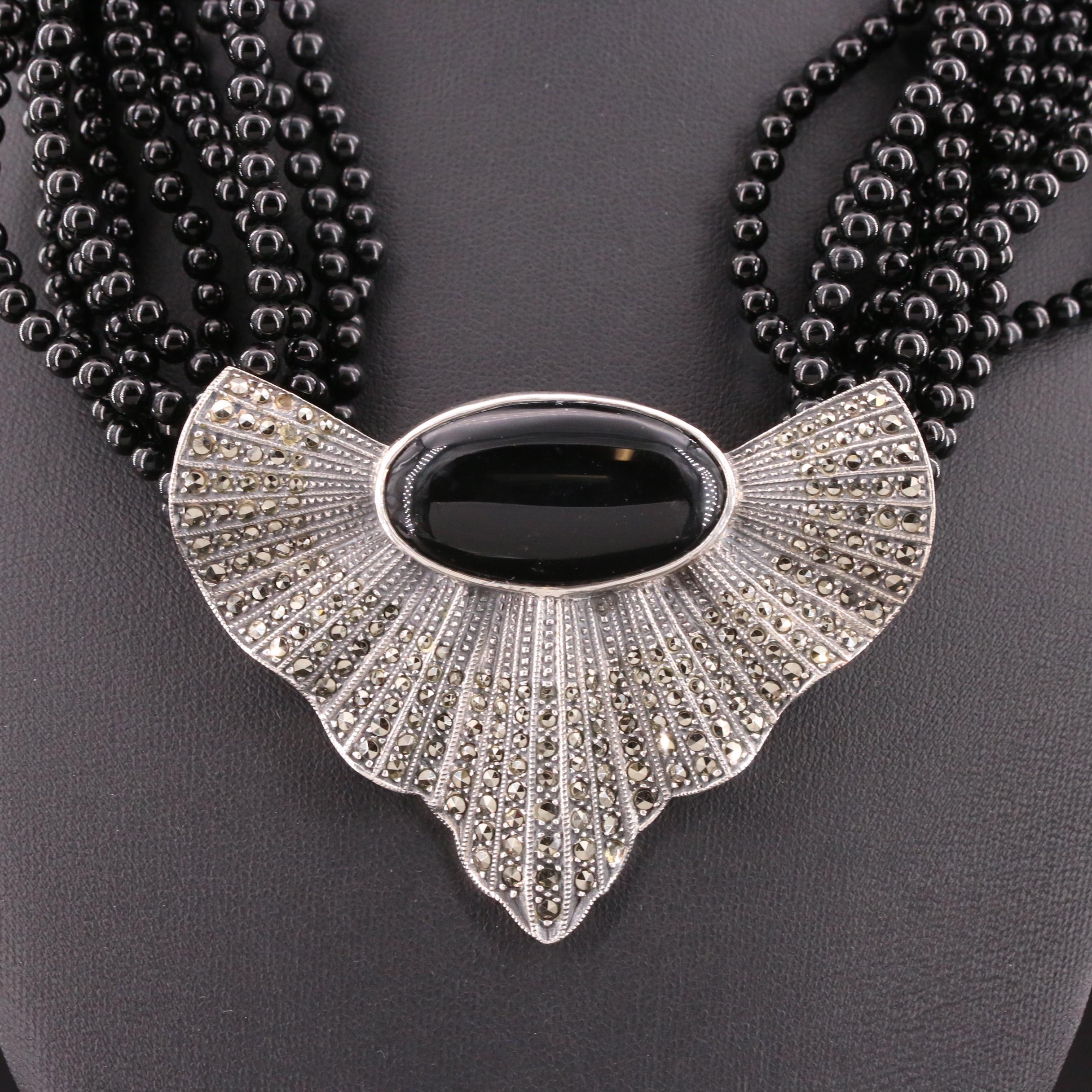 Art Deco Style Sterling Silver Black Onyx and Marcasite Pendant Necklace
