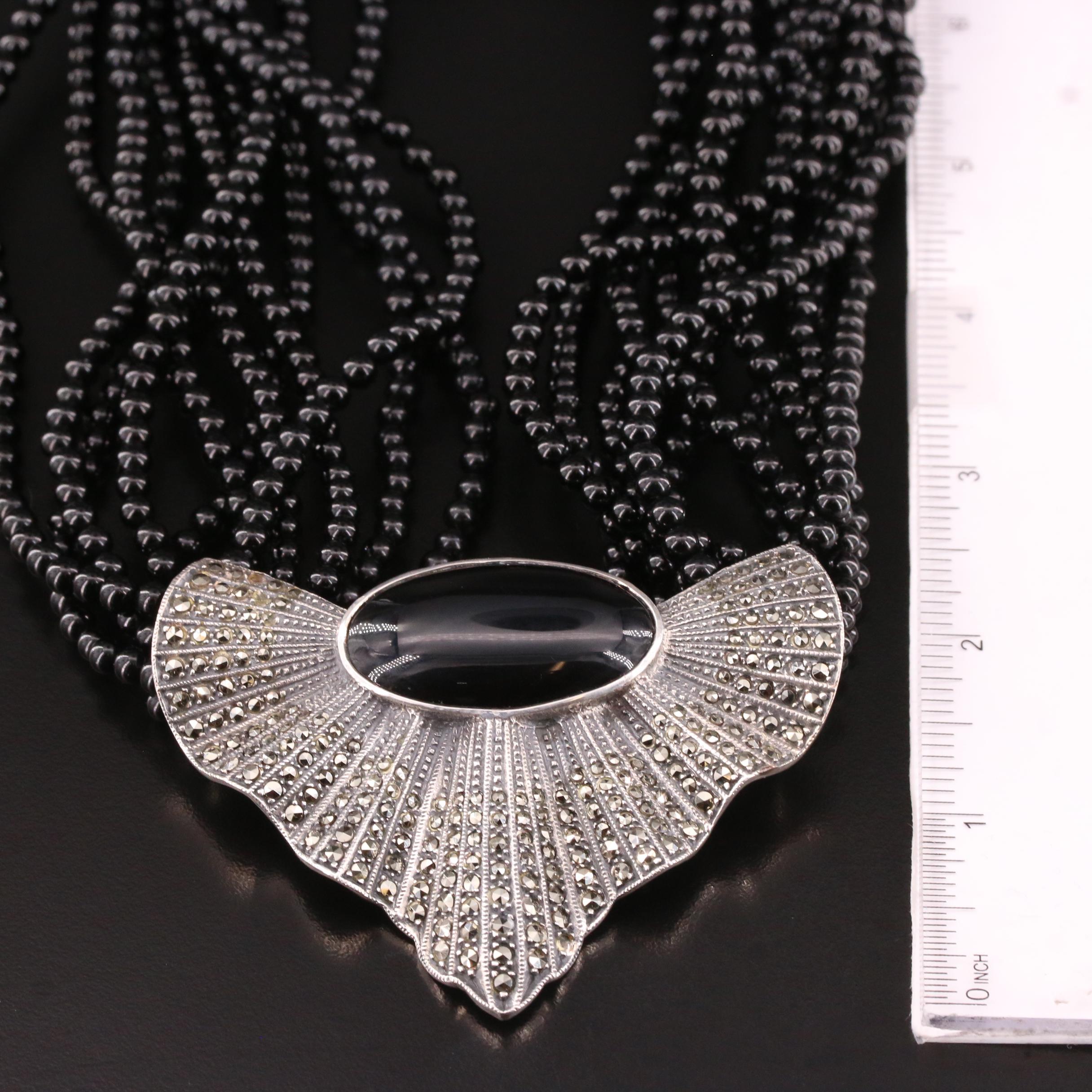 Art Deco Style Sterling Silver Black Onyx and Marcasite Pendant Necklace