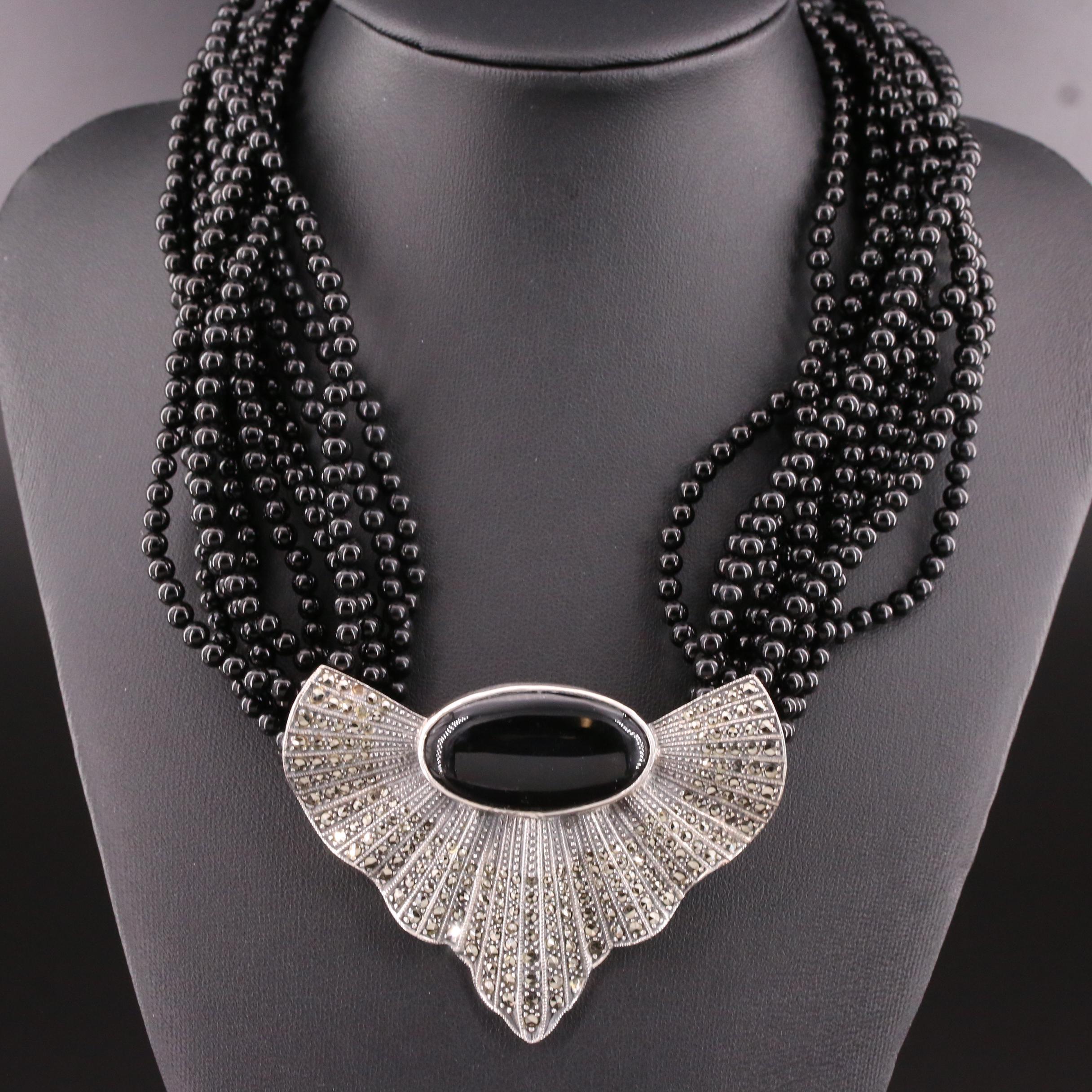Art Deco Style Sterling Silver Black Onyx and Marcasite Pendant Necklace