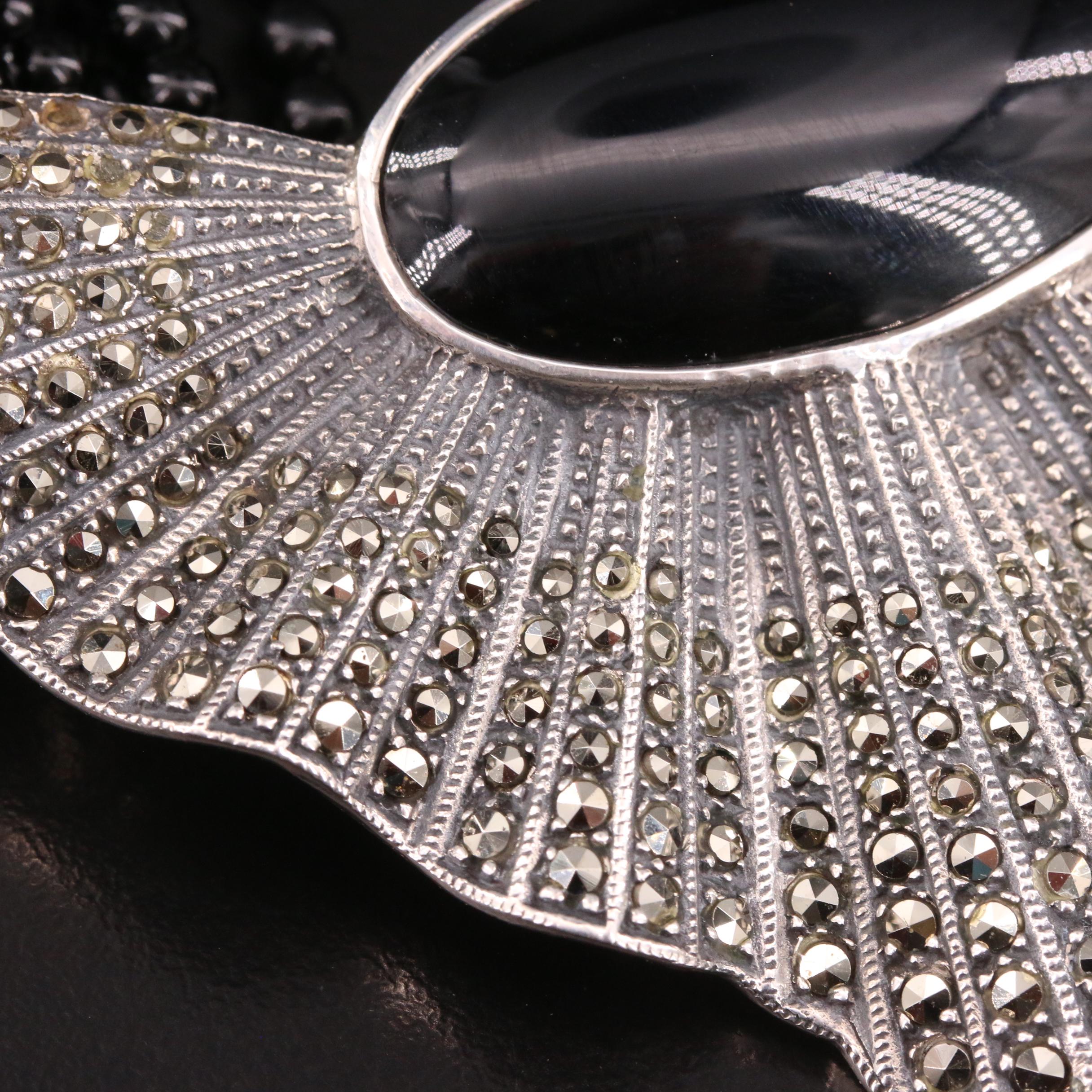 Art Deco Style Sterling Silver Black Onyx and Marcasite Pendant Necklace