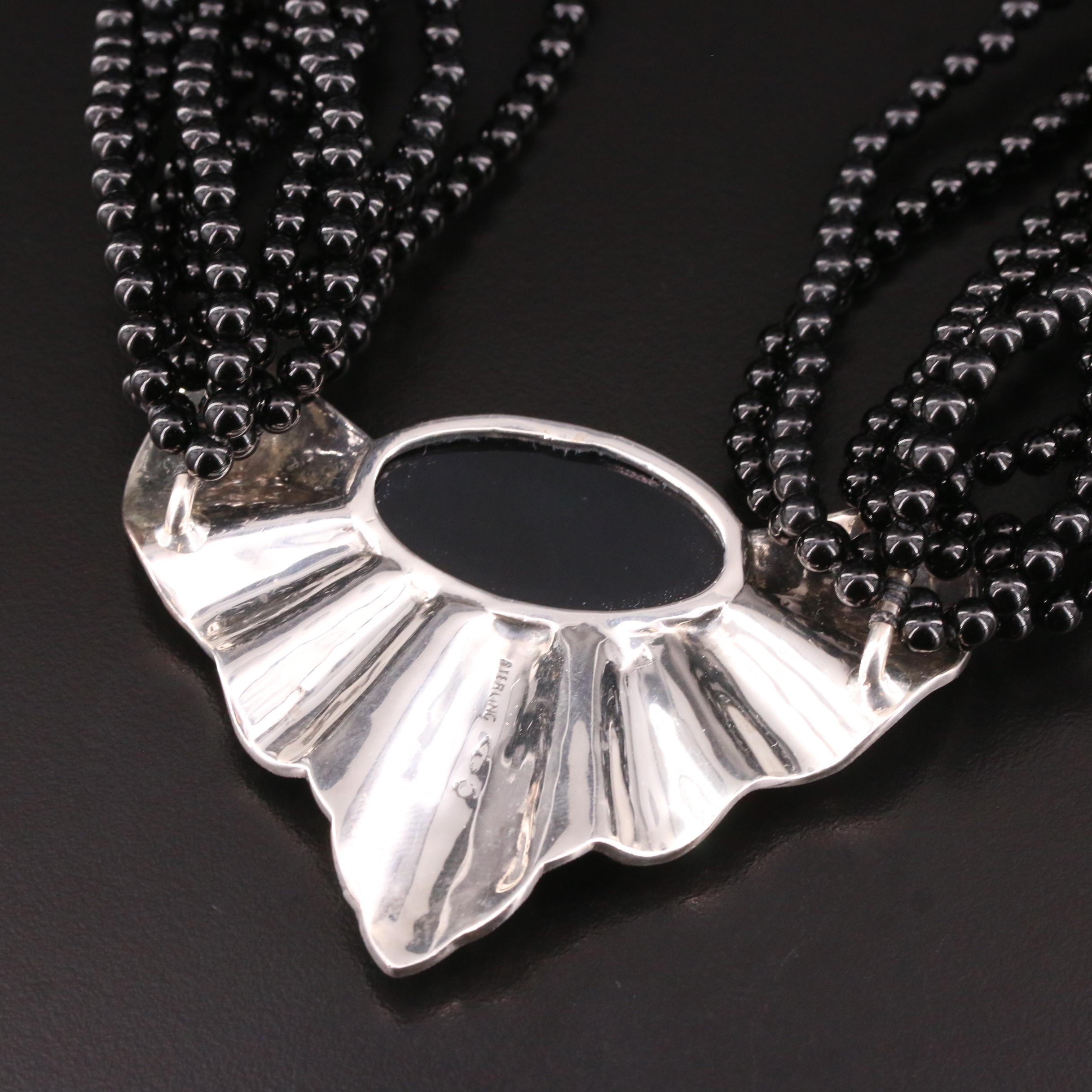 Art Deco Style Sterling Silver Black Onyx and Marcasite Pendant Necklace