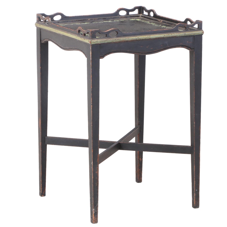 George III Style Ebonized and Paint-Decorated Tray-Top Side Table, 20th Century