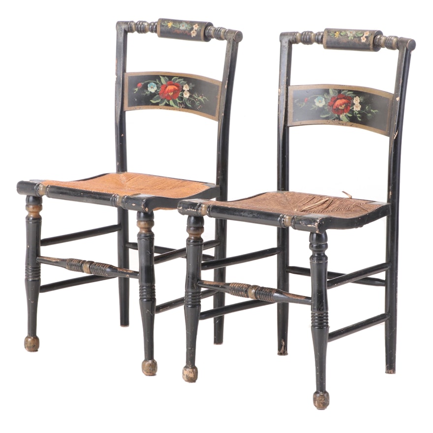 Pair of American Ebonized, Parcel-Gilt, and Polychromed "Fancy" Side Chairs