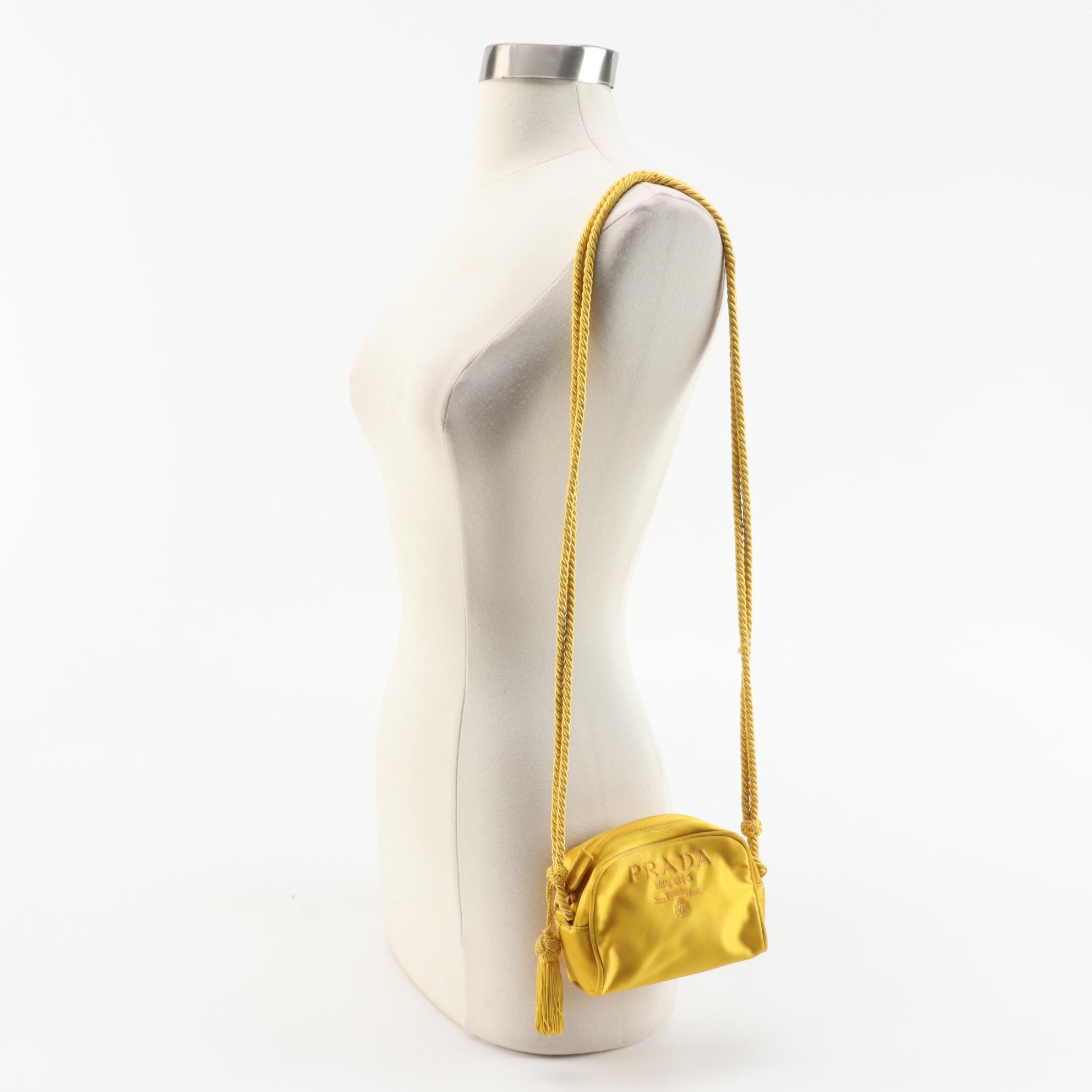 Prada Yellow Satin Embroidered Logo Shoulder Bag with Tassel and Rope Cord