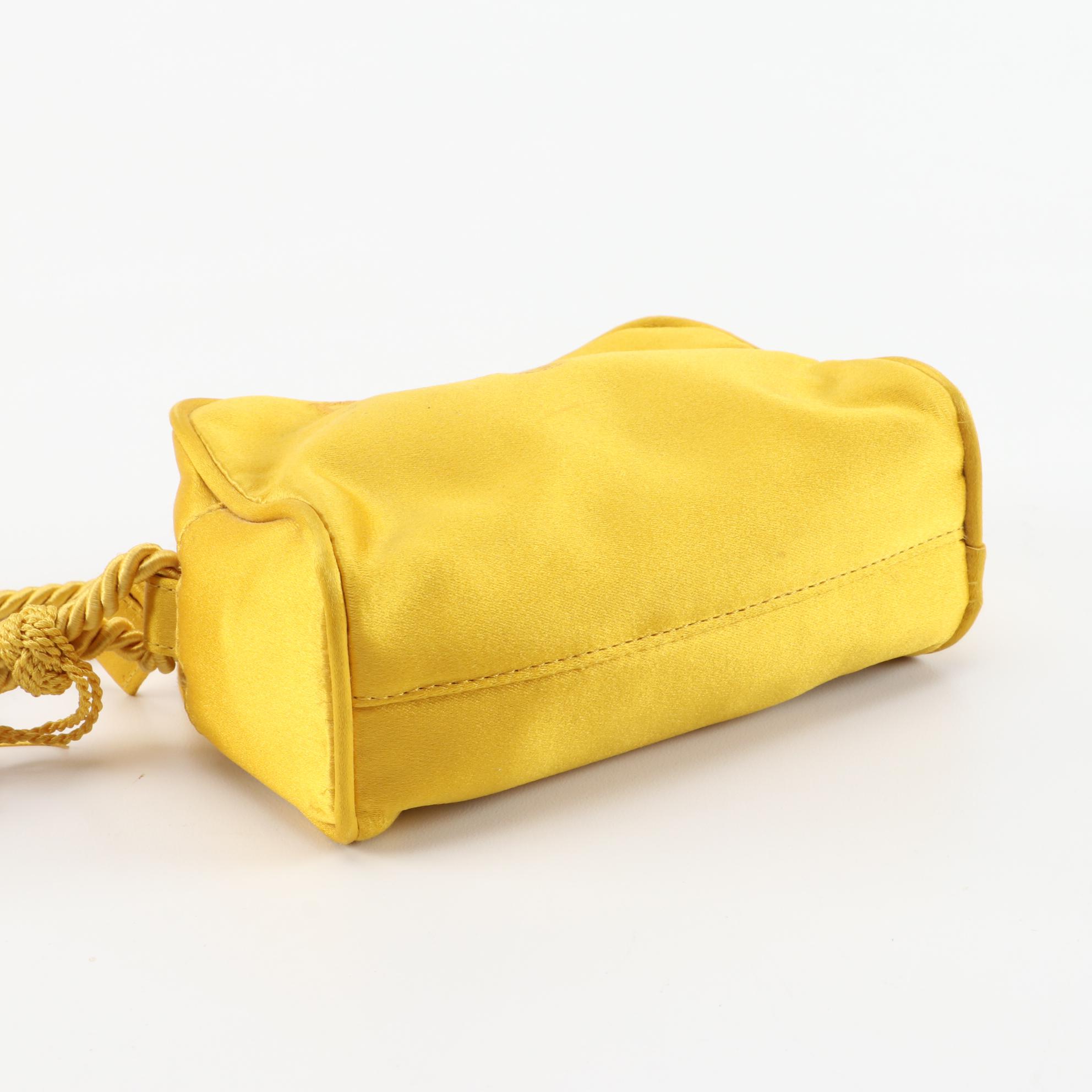 Prada Yellow Satin Embroidered Logo Shoulder Bag with Tassel and Rope Cord