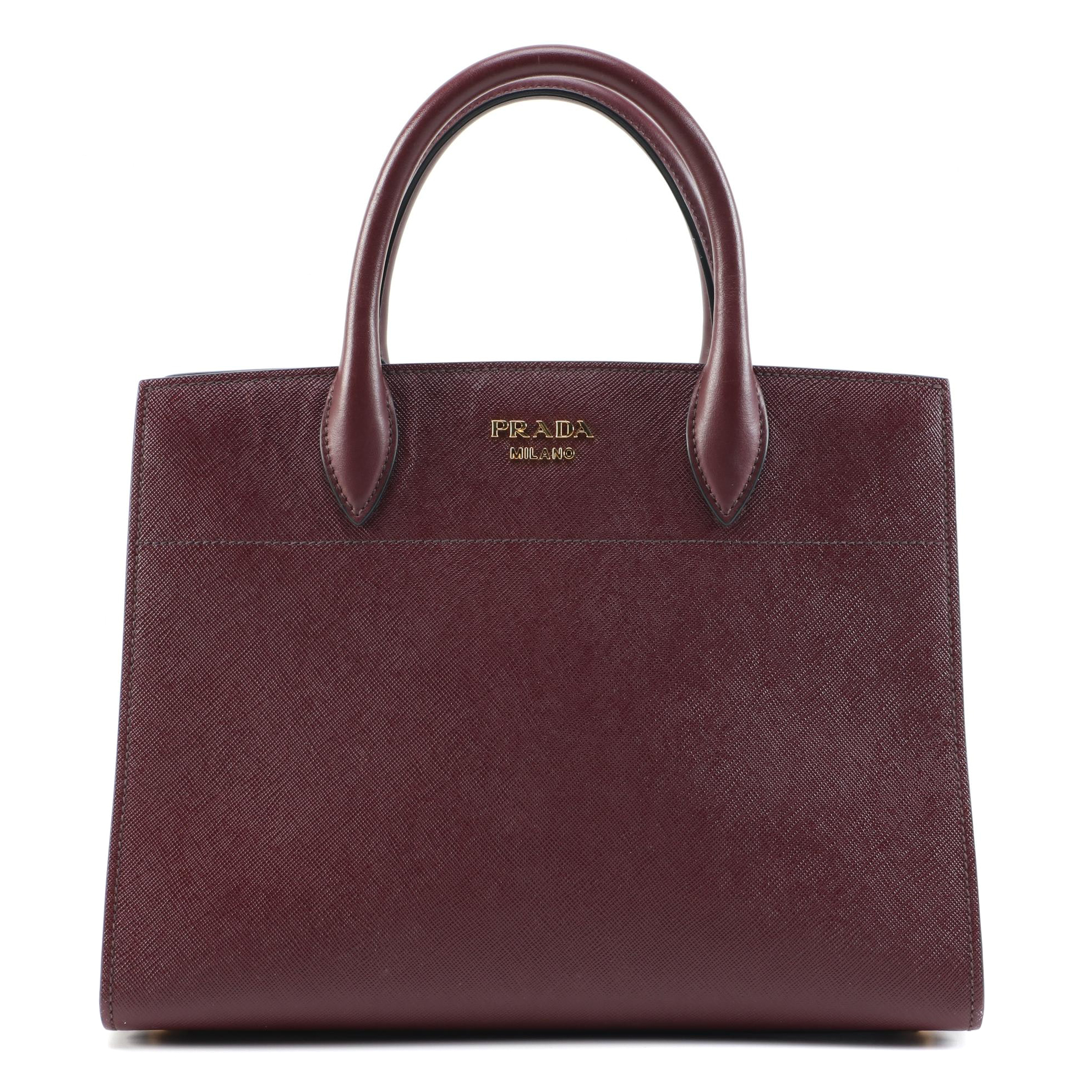 Prada Bibliotheque Handbag in Bordeaux Saffiano and Calfskin Leather