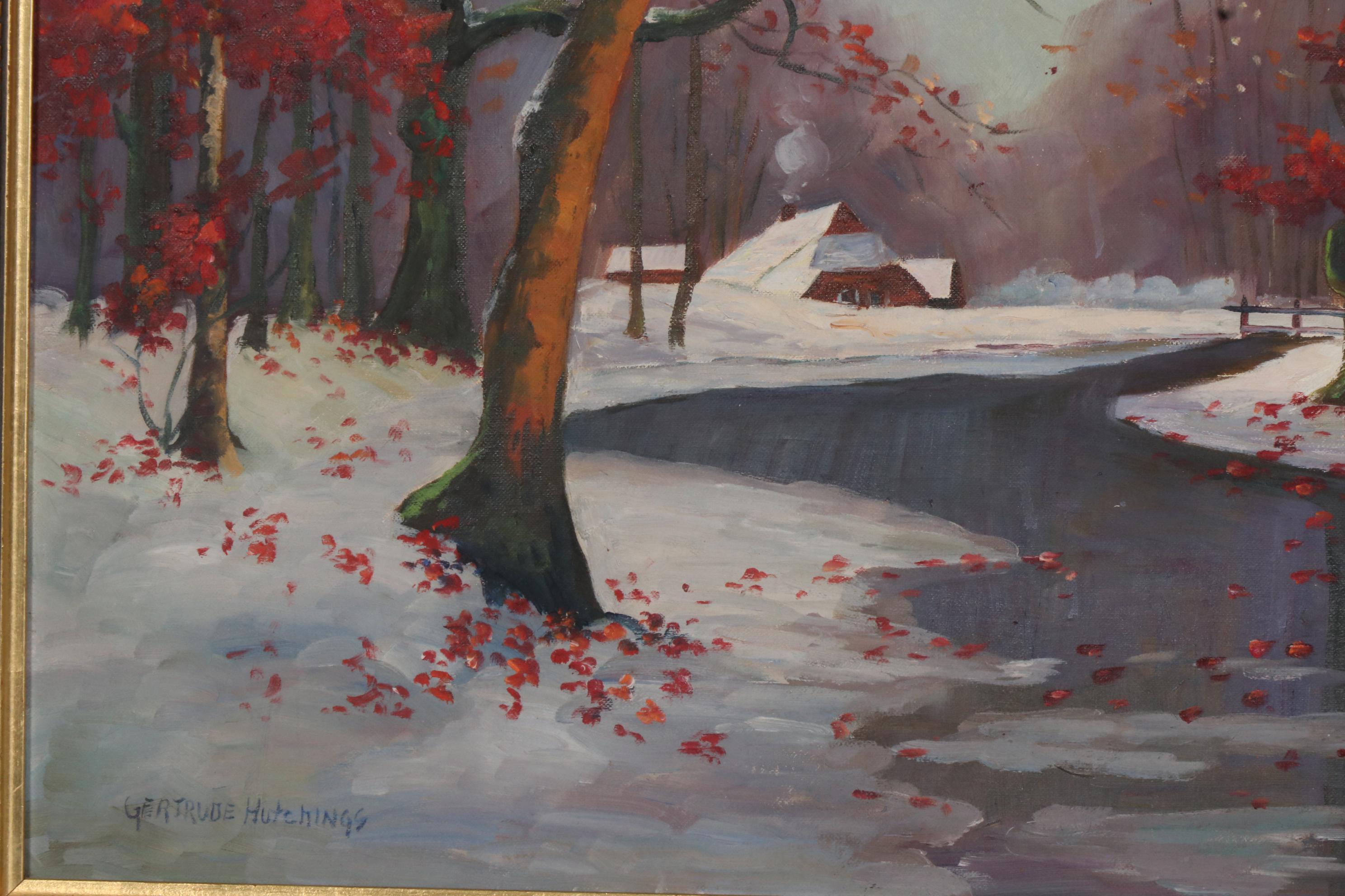 Gertrude Hutchings Oil Painting of Winter Creek Landscape with Cabin