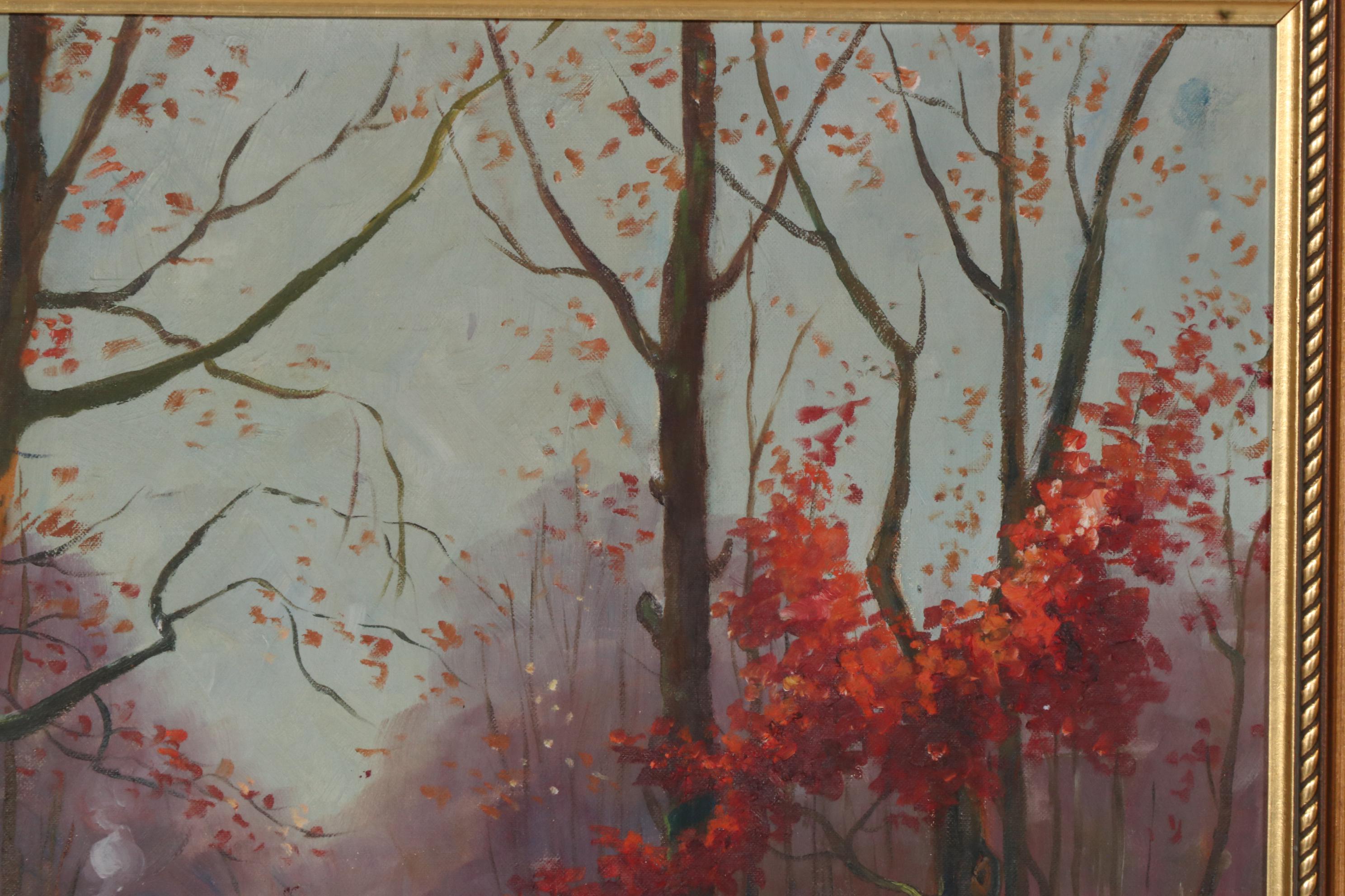 Gertrude Hutchings Oil Painting of Winter Creek Landscape with Cabin