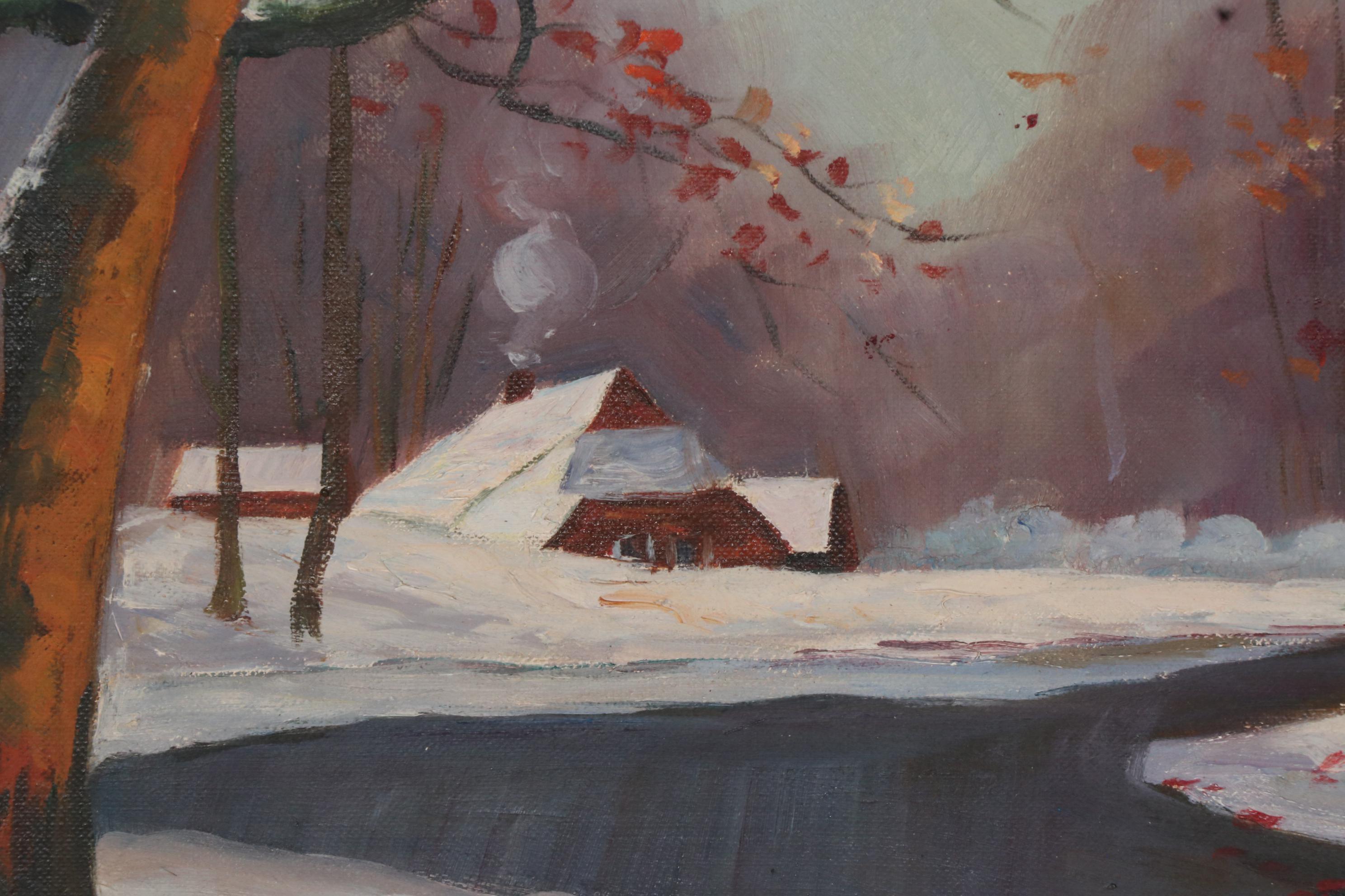 Gertrude Hutchings Oil Painting of Winter Creek Landscape with Cabin