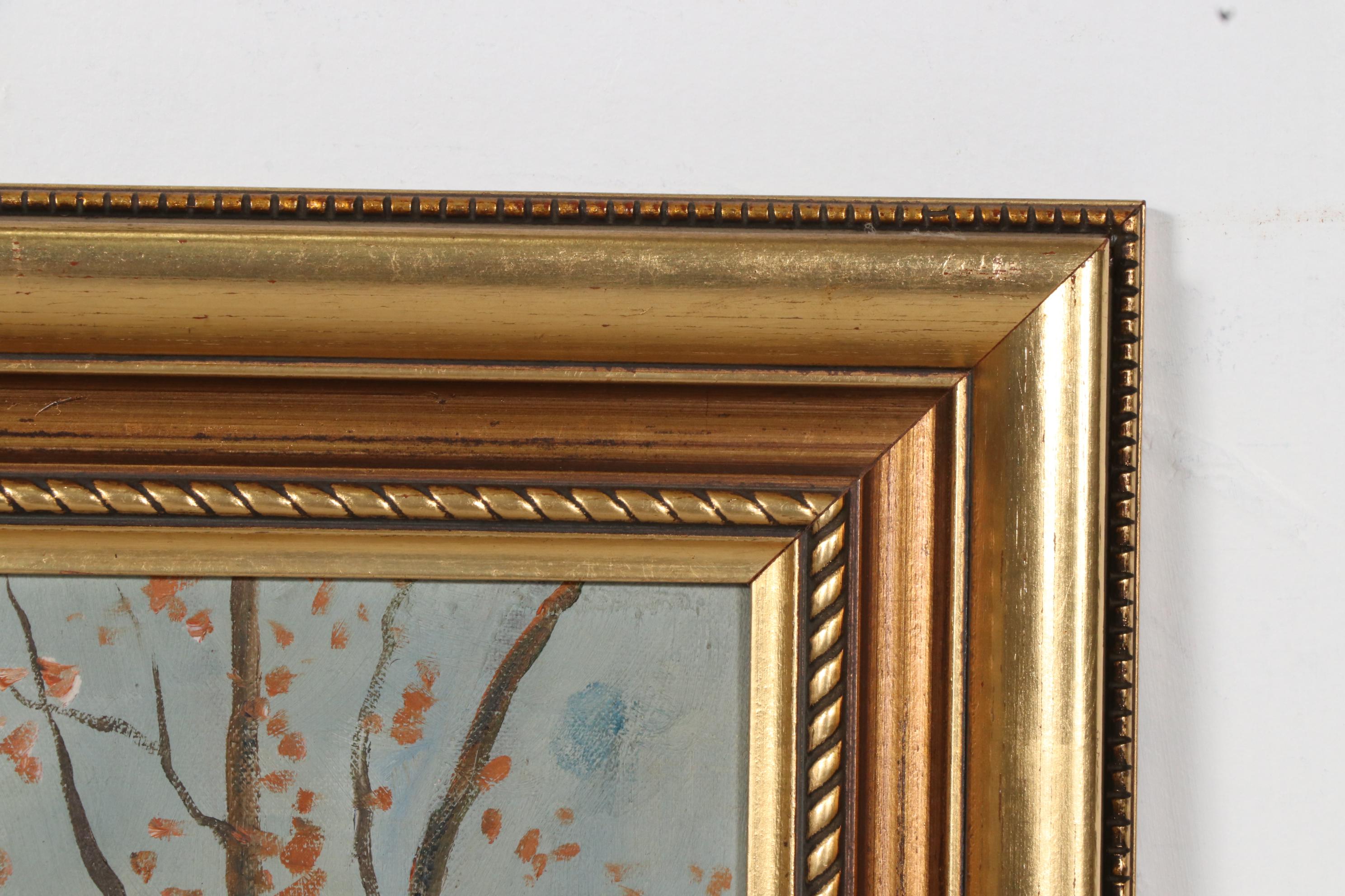 Gertrude Hutchings Oil Painting of Winter Creek Landscape with Cabin