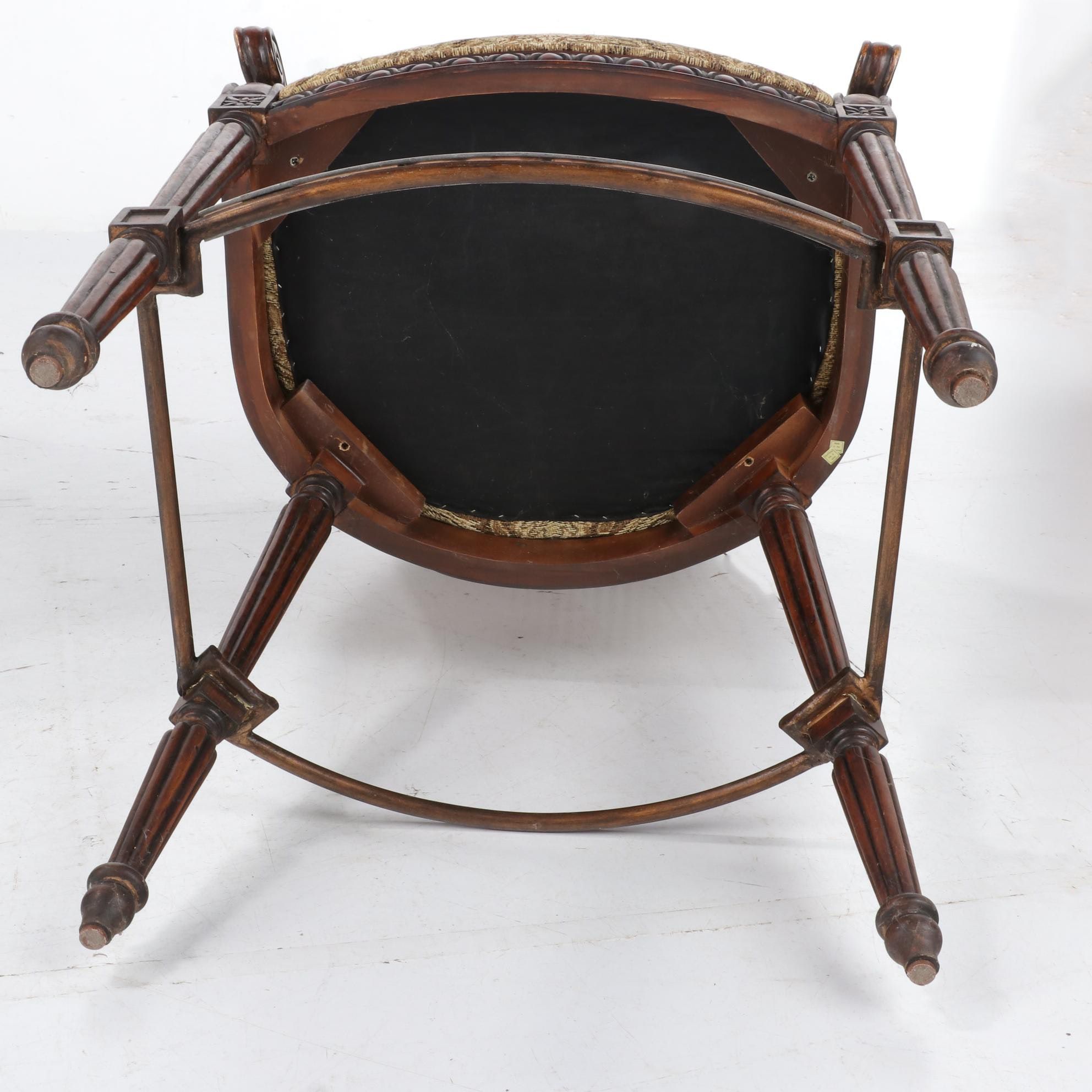 Three Louis XVI Style Caned and Upholstered Counter Height Armchairs