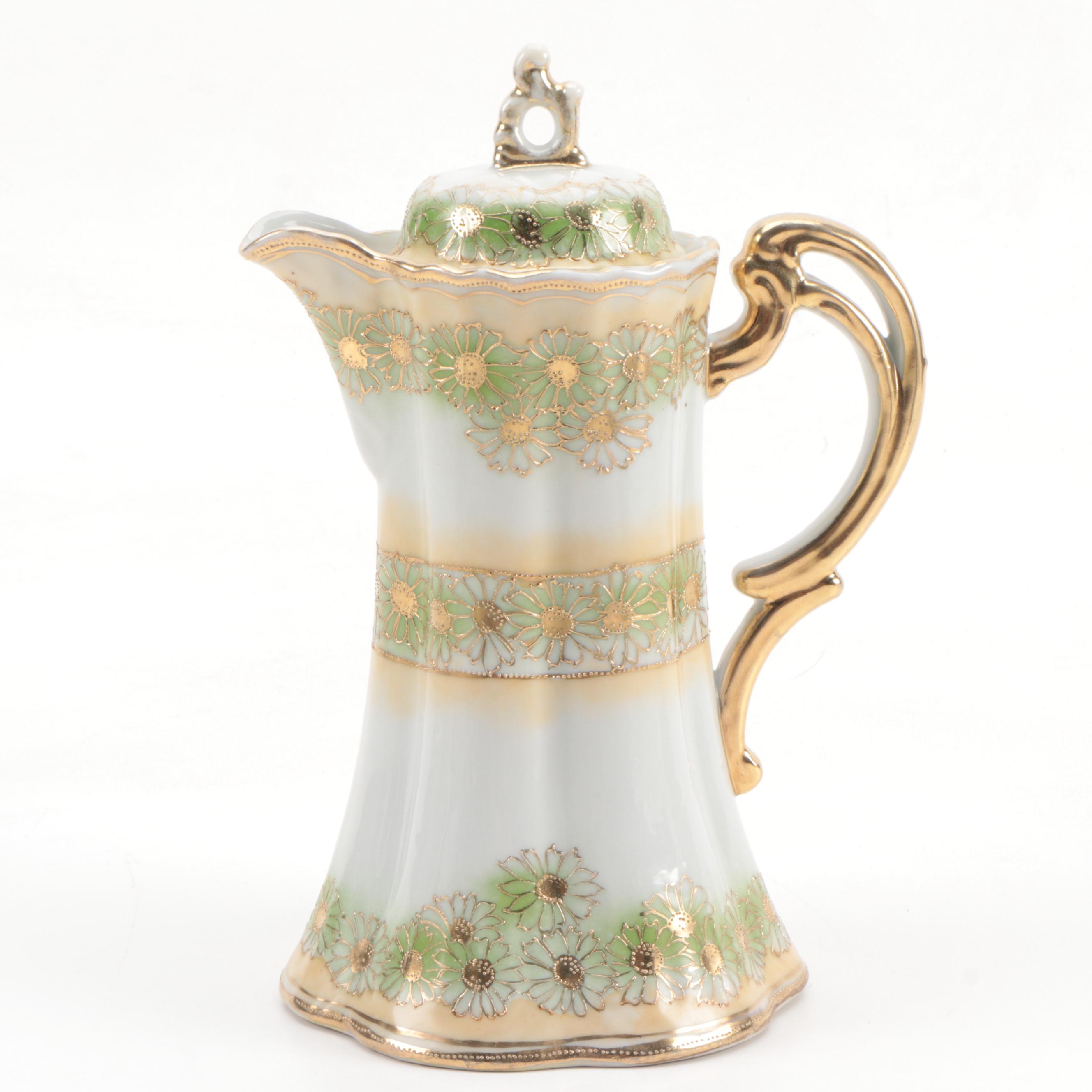 Okura Art China Nippon Hand-Painted Green and Gold Floral Coffee Set