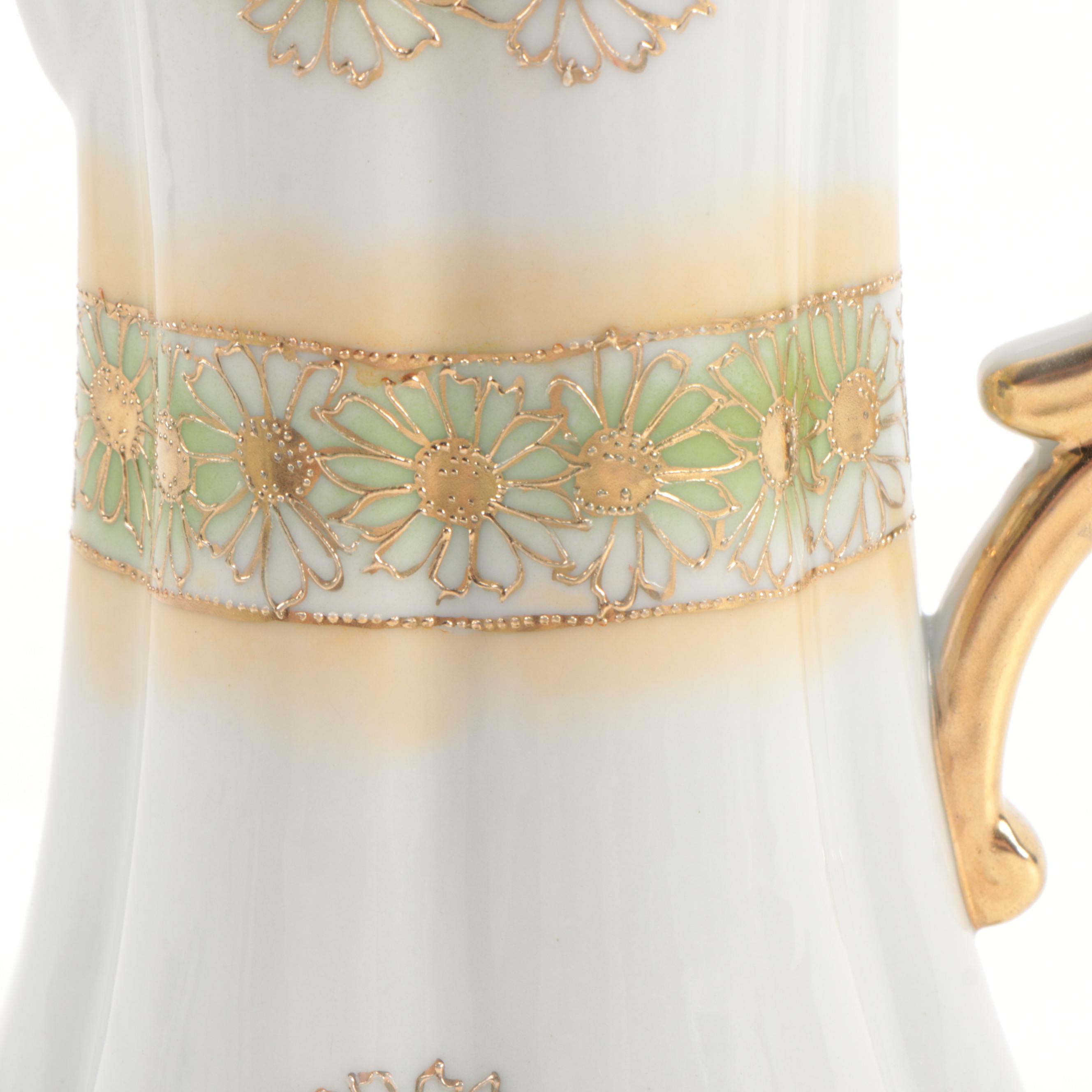 Okura Art China Nippon Hand-Painted Green and Gold Floral Coffee Set