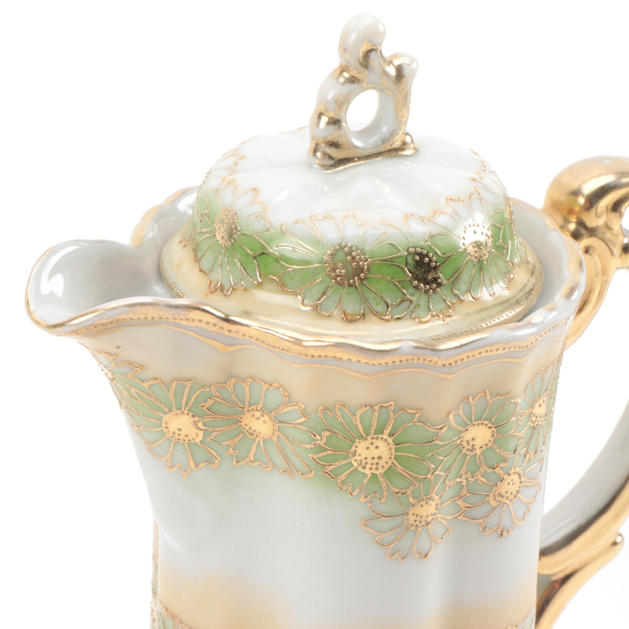 Okura Art China Nippon Hand-Painted Green and Gold Floral Coffee Set