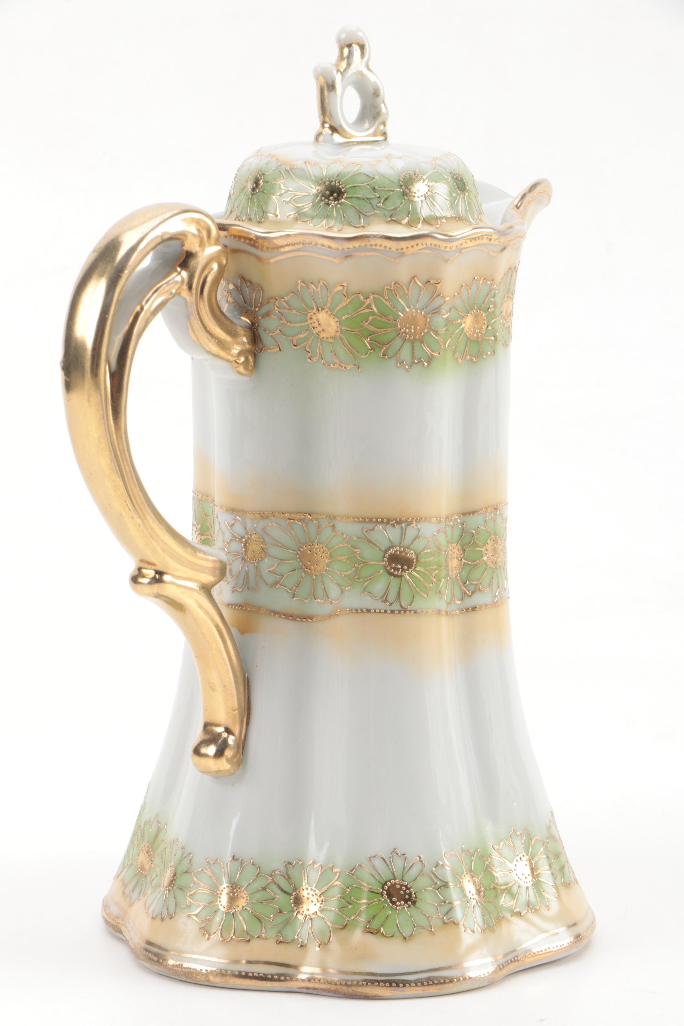 Okura Art China Nippon Hand-Painted Green and Gold Floral Coffee Set