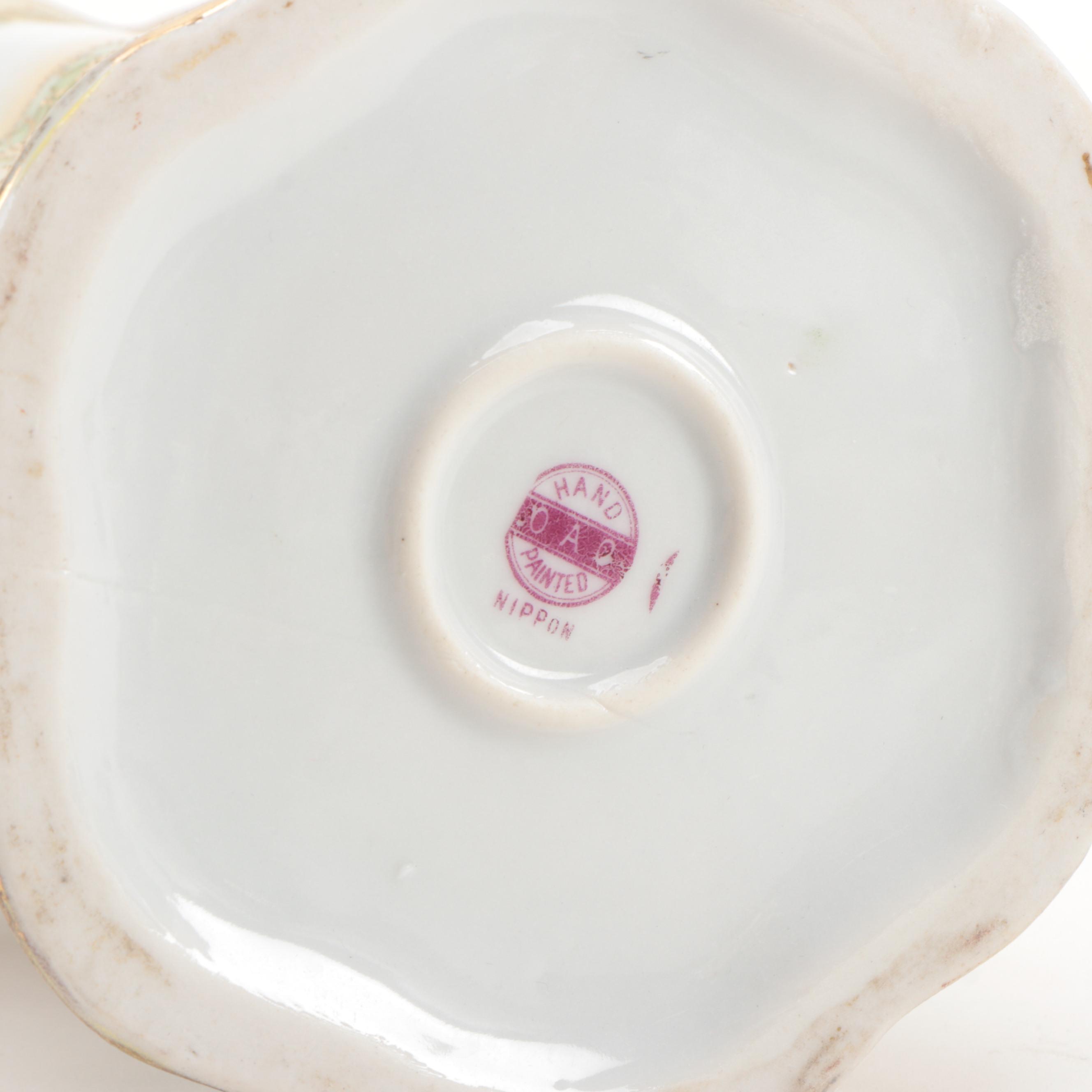 Okura Art China Nippon Hand-Painted Green and Gold Floral Coffee Set