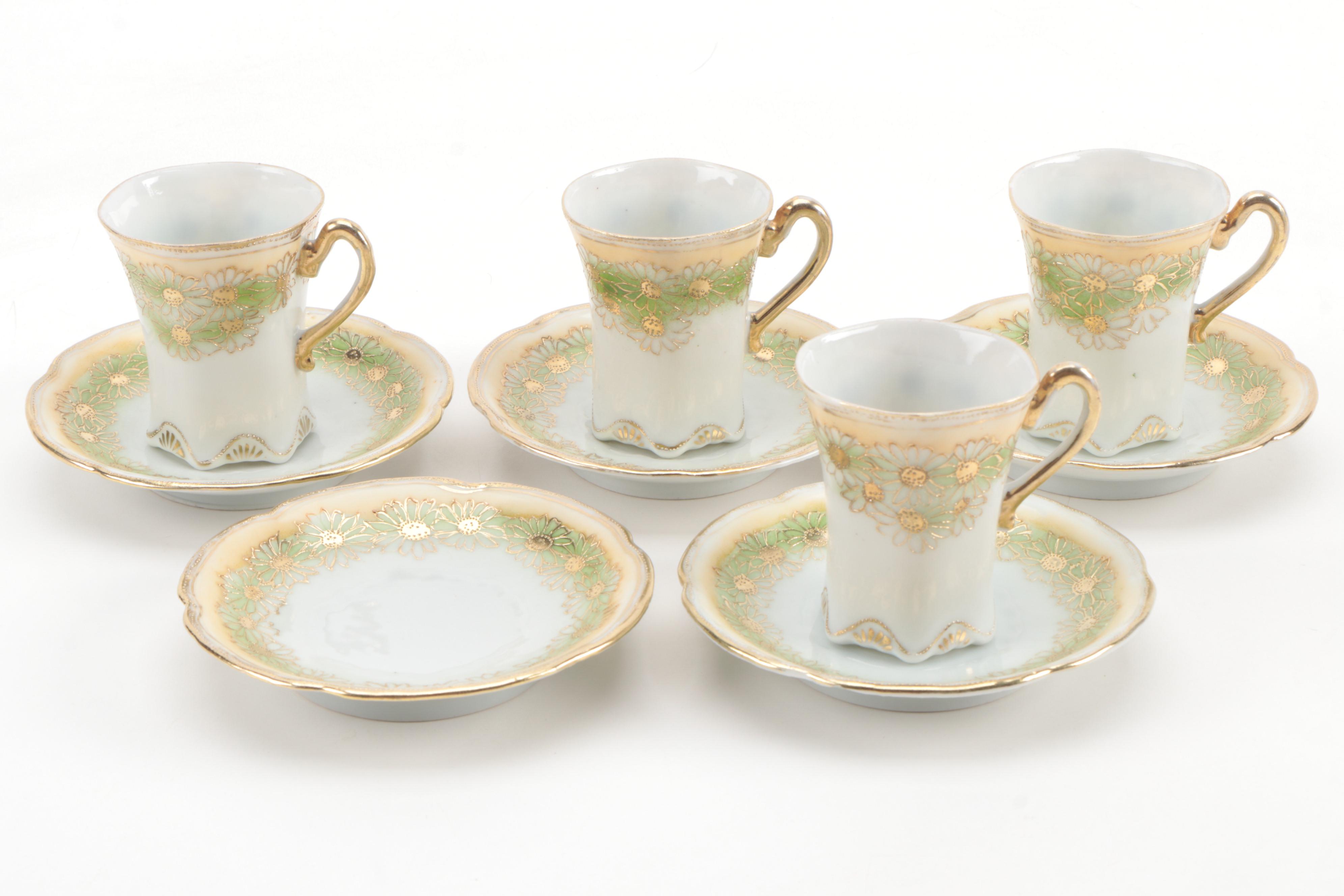 Okura Art China Nippon Hand-Painted Green and Gold Floral Coffee Set