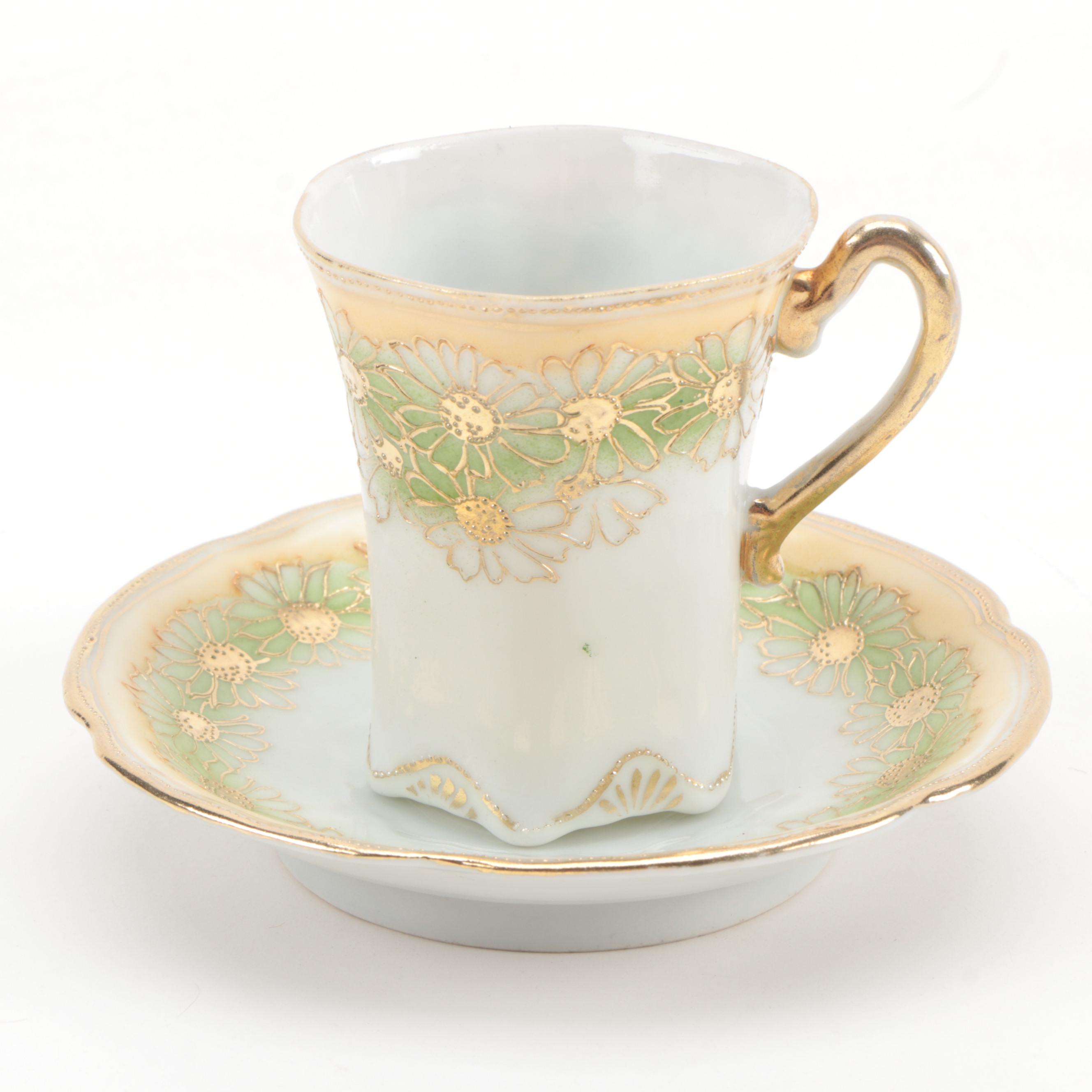 Okura Art China Nippon Hand-Painted Green and Gold Floral Coffee Set
