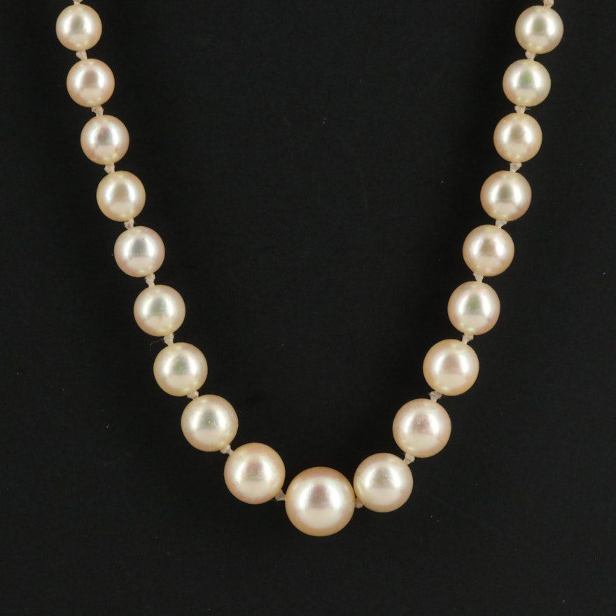 Vintage Cultured Pearl Graduated Single Knotted Strand with 14K Clasp