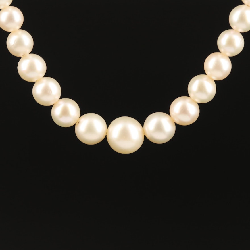 Vintage Pearl Necklace with 18K Diamond Clasp and Sterling Safety Chain