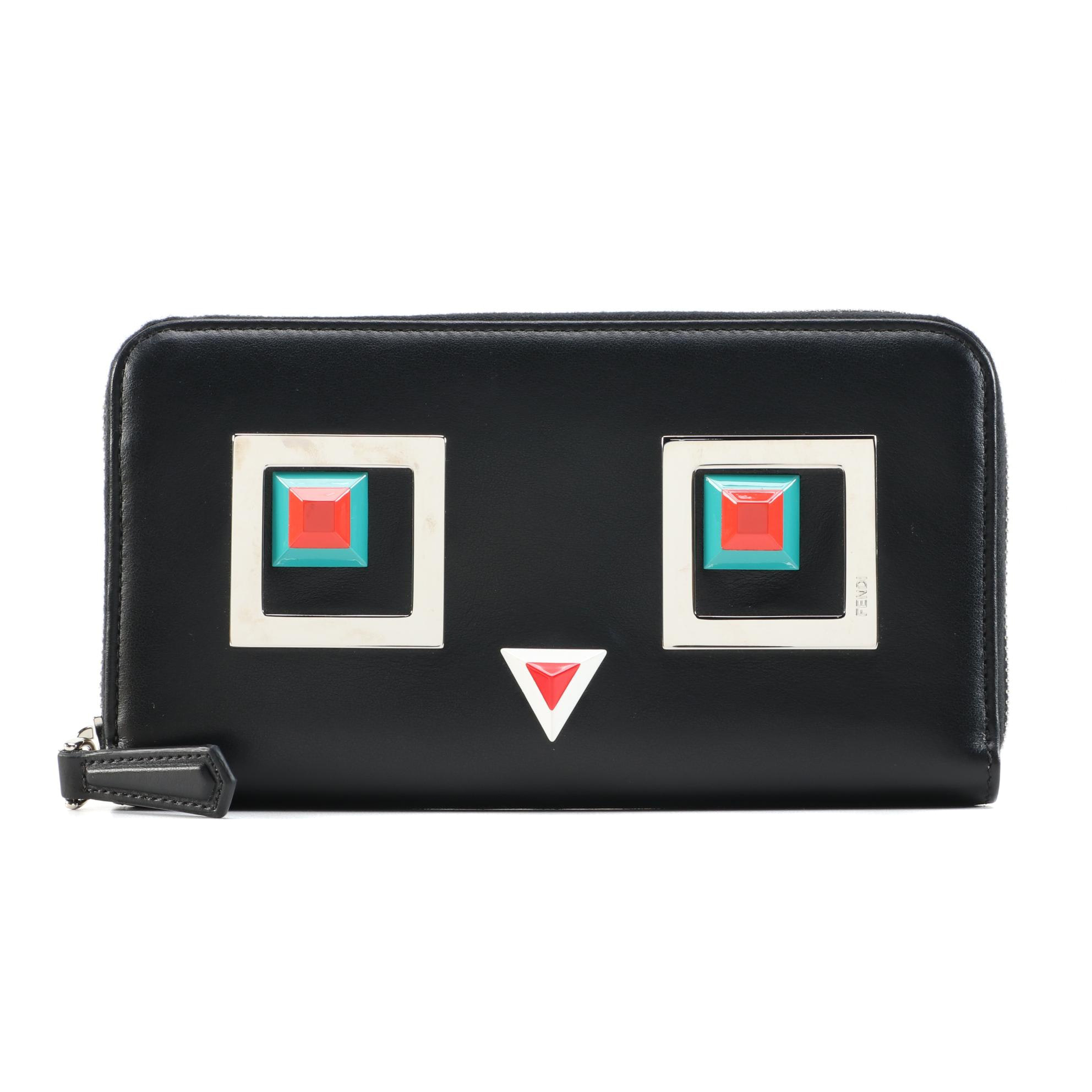 Fendi Robot Stud Embellished Black Leather Zip Around Wallet
