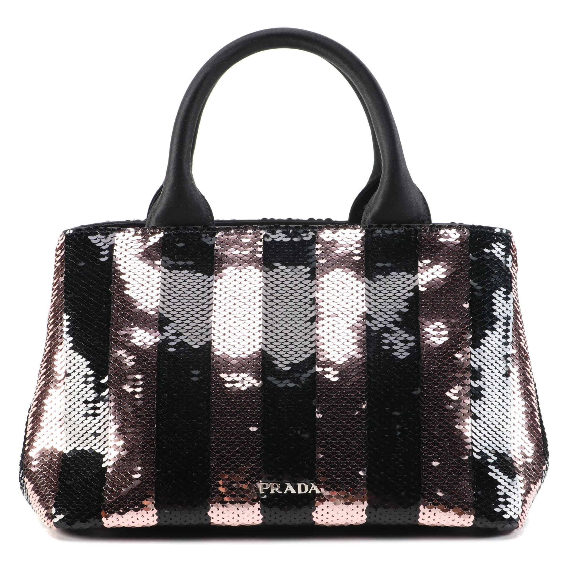 Prada Pink and Black Sequin Embellished Satin Two-Way Tote