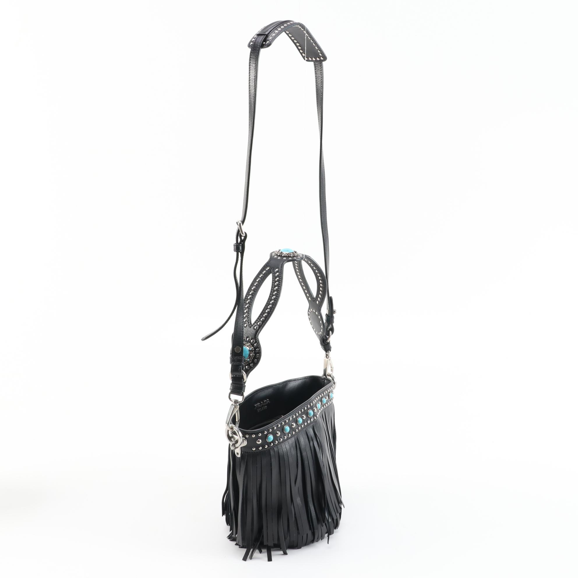 Prada Folk Black Leather Embellished Fringe Bucket Bag