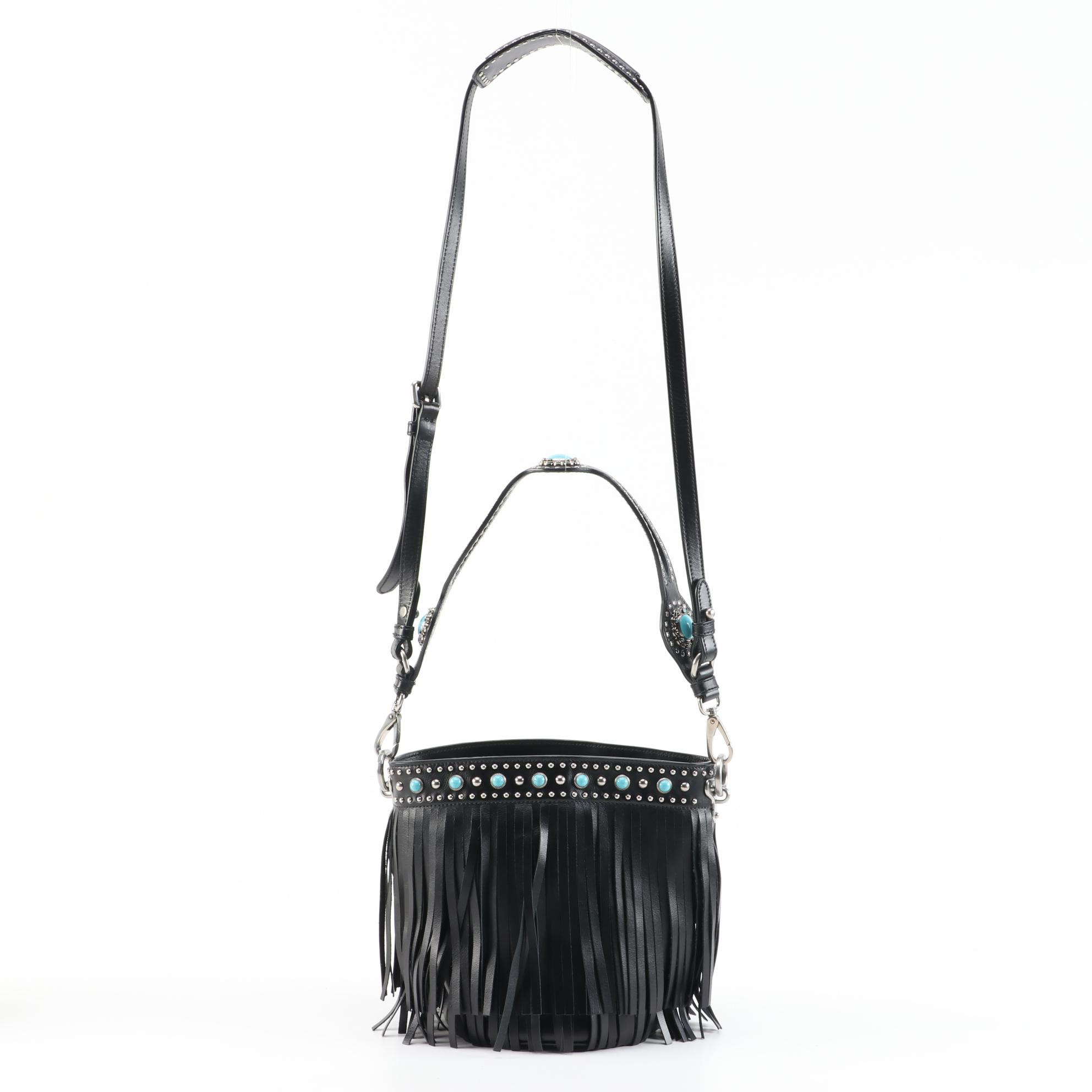 Prada Folk Black Leather Embellished Fringe Bucket Bag