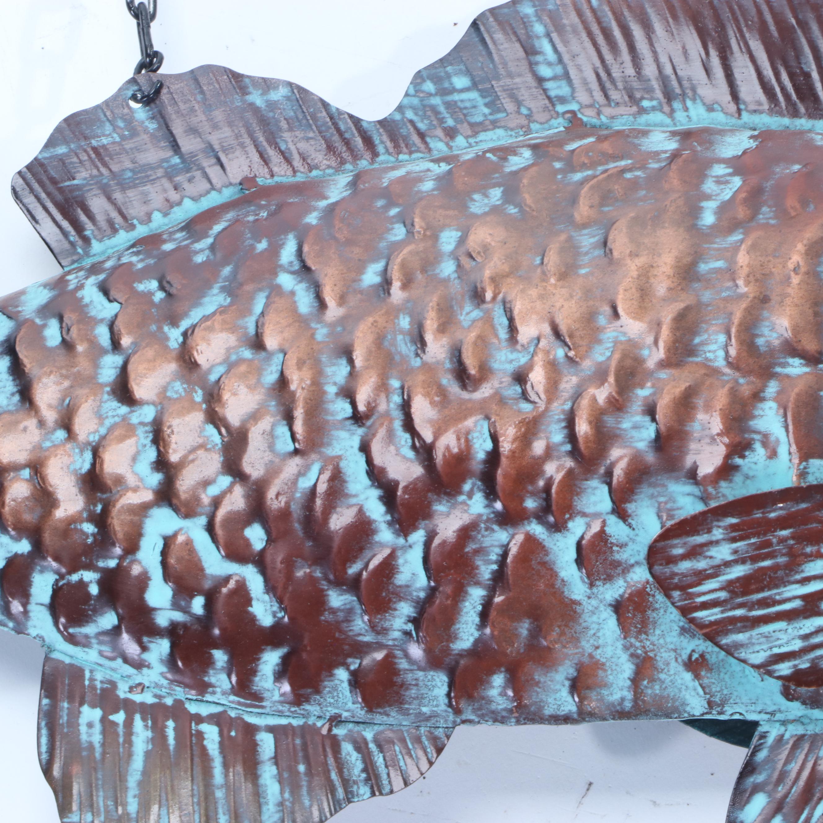 Outdoor Hanging Copper Tone Metal Fish with Iron Bracket