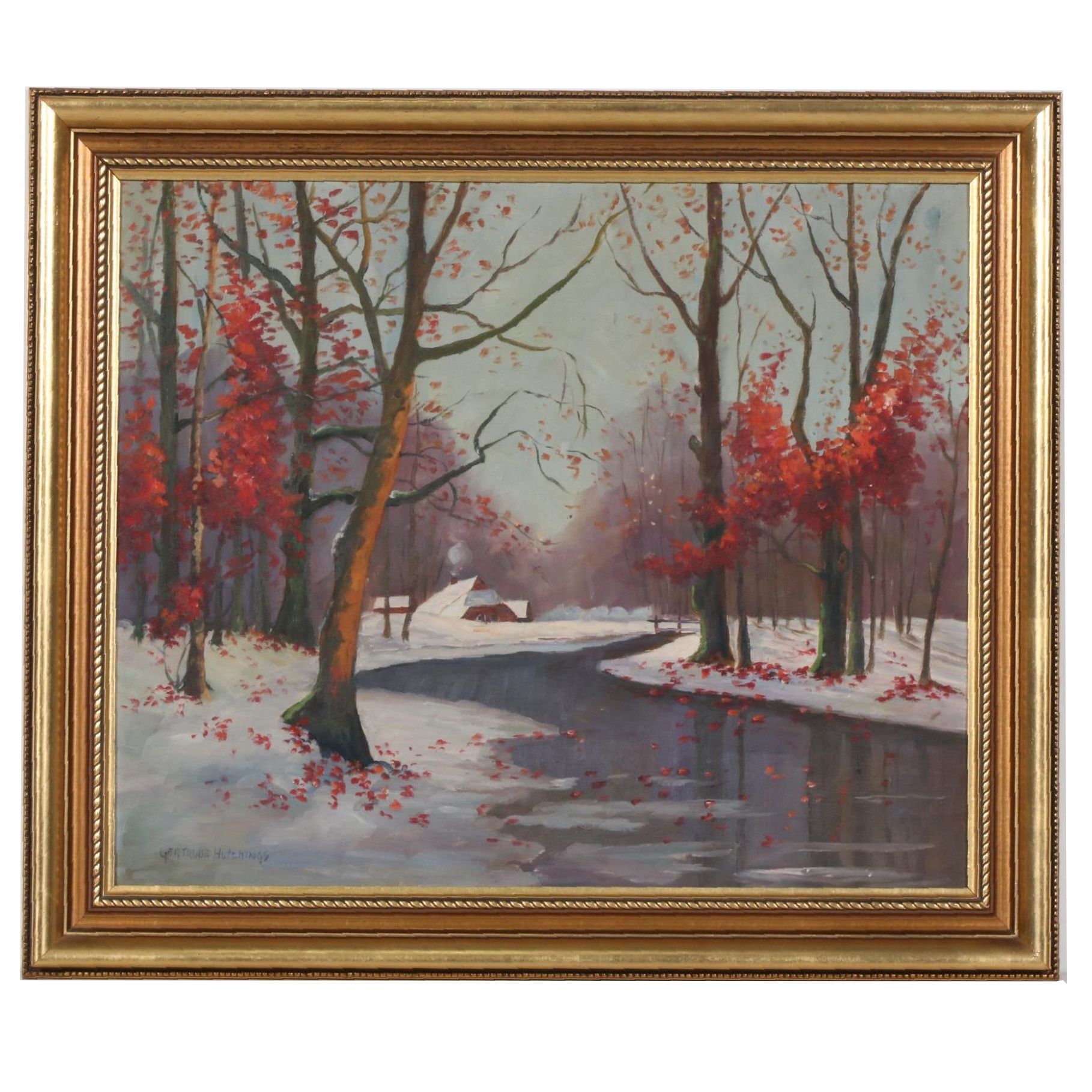 Gertrude Hutchings Oil Painting of Winter Creek Landscape with Cabin