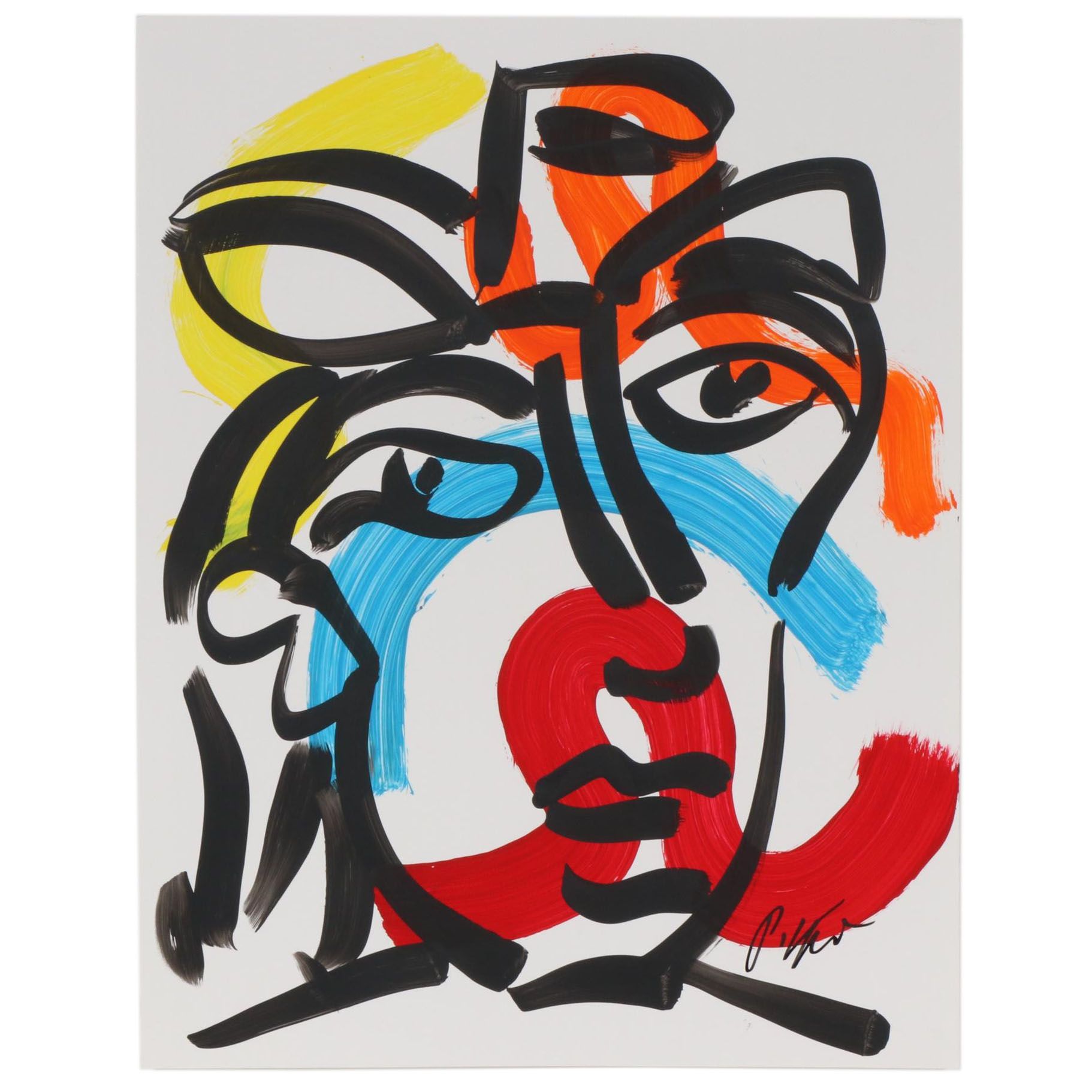 Peter Keil Abstract Portrait Acrylic Painting, Late 20th Century