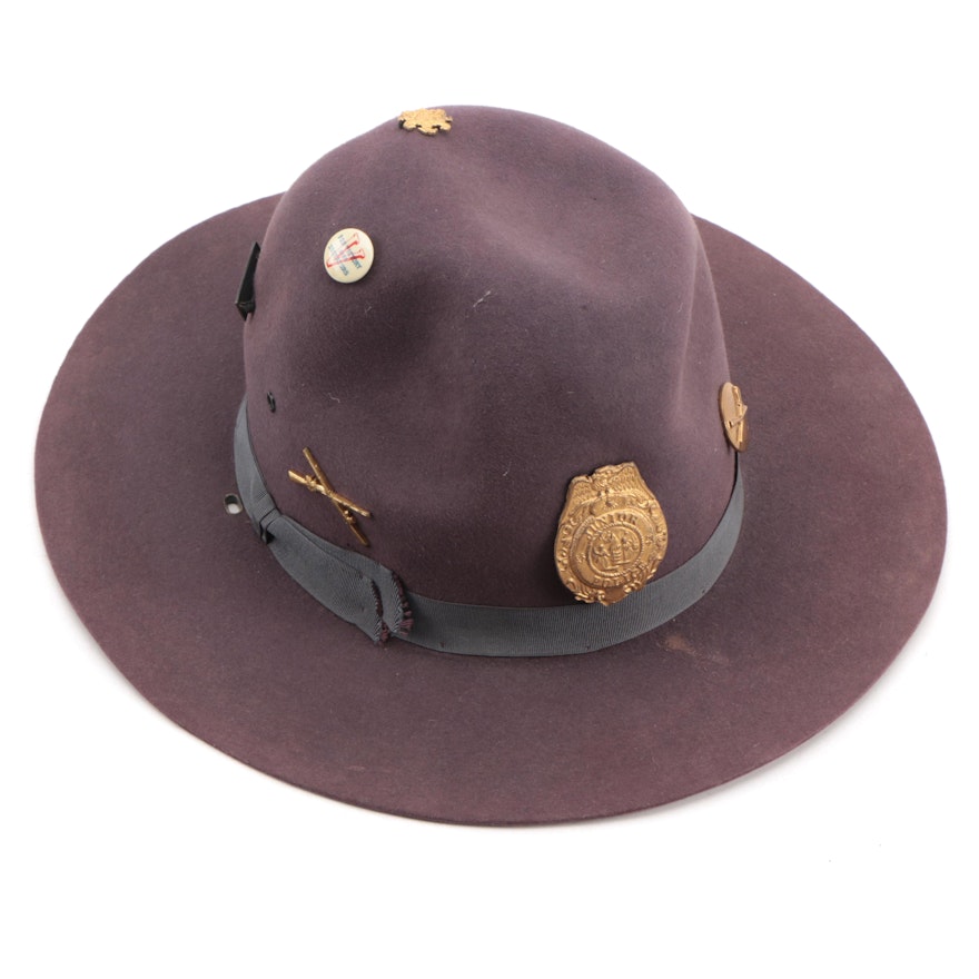 Campaign Brushed Hat with Military and Novelty Police Badges, Mid-20th Century