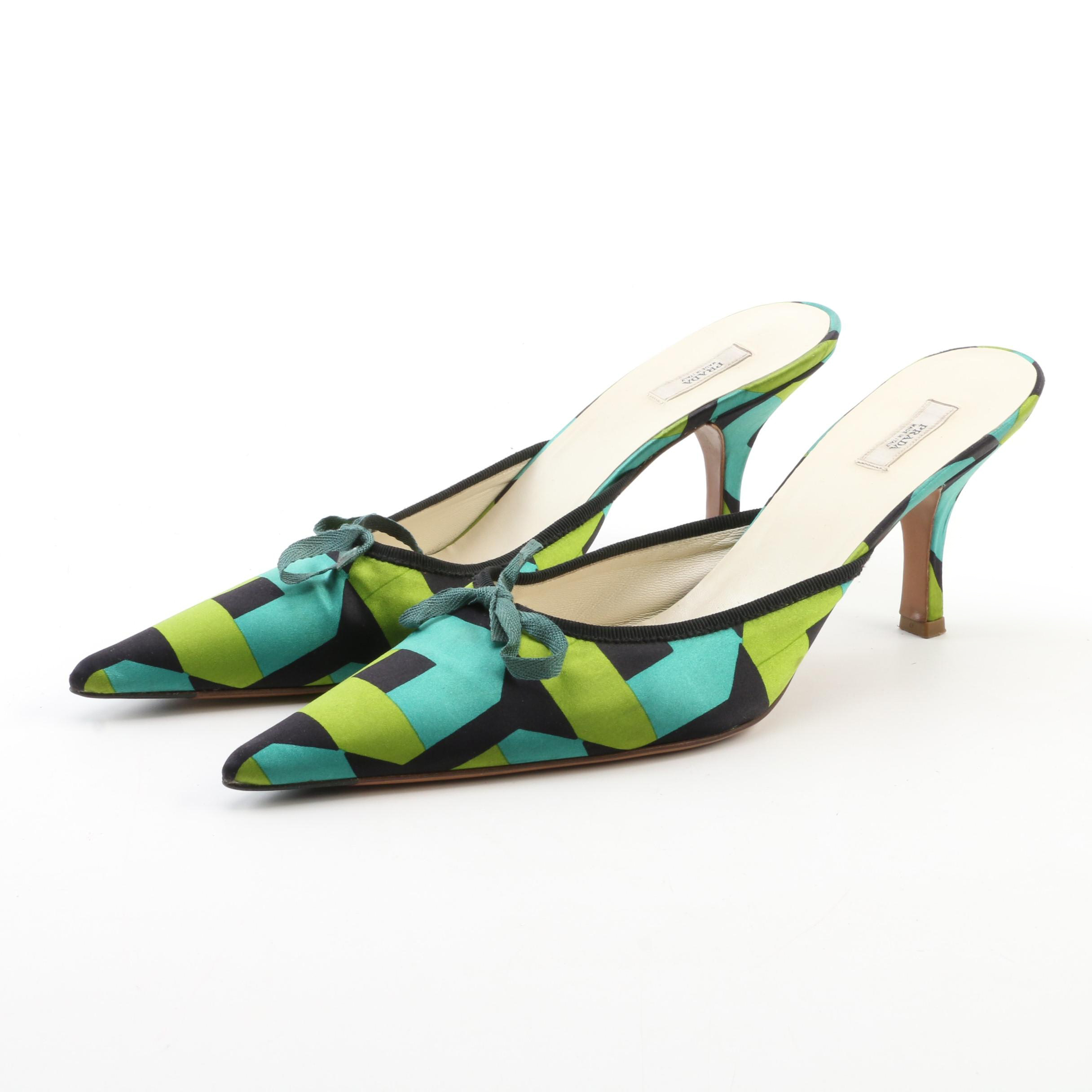 Prada Geometric Patterned Mules with Grosgrain and Bow Trim