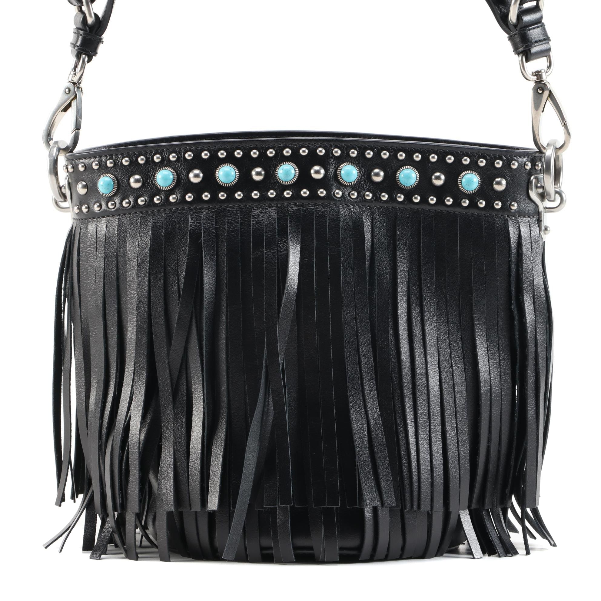 Prada Folk Black Leather Embellished Fringe Bucket Bag